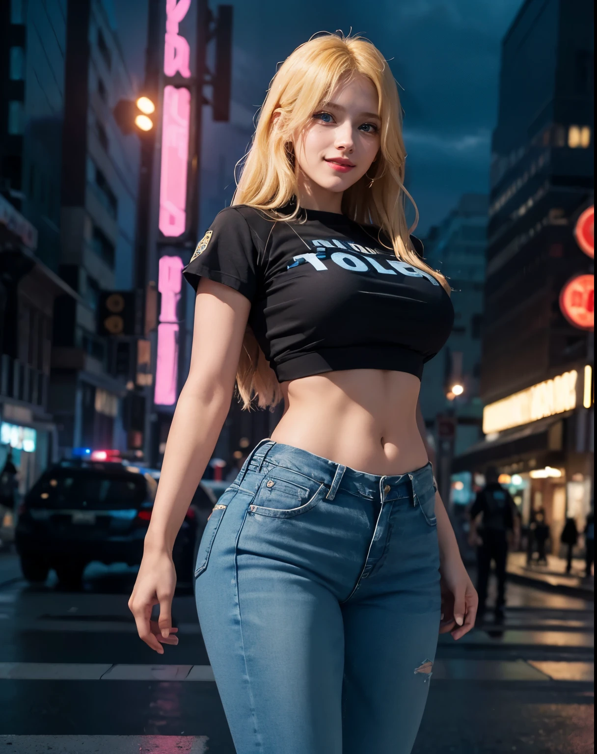 1girl, (Blue Eyes), (smiling :1.2), (Sana Minatozaki), (beautiful makeup :1.2), (wide hips), Big tits, (big ass), (Best Quality, 8k, Masterpiece: 1.3), Clear Focus: 1.2, Perfect Body Beauty: 1.4, strong abs, Highly detailed face and skin texture, detailed eyes, double eyelids, (blonde long hair :1.2), standing, dynamic pose, (women's police uniform :1.2), (black t-shirt), (jeans), police badge, policewoman, on the streets of a futuristic city at night, giant buildings illuminated by illuminated signs in the background, street illuminated by neon lights