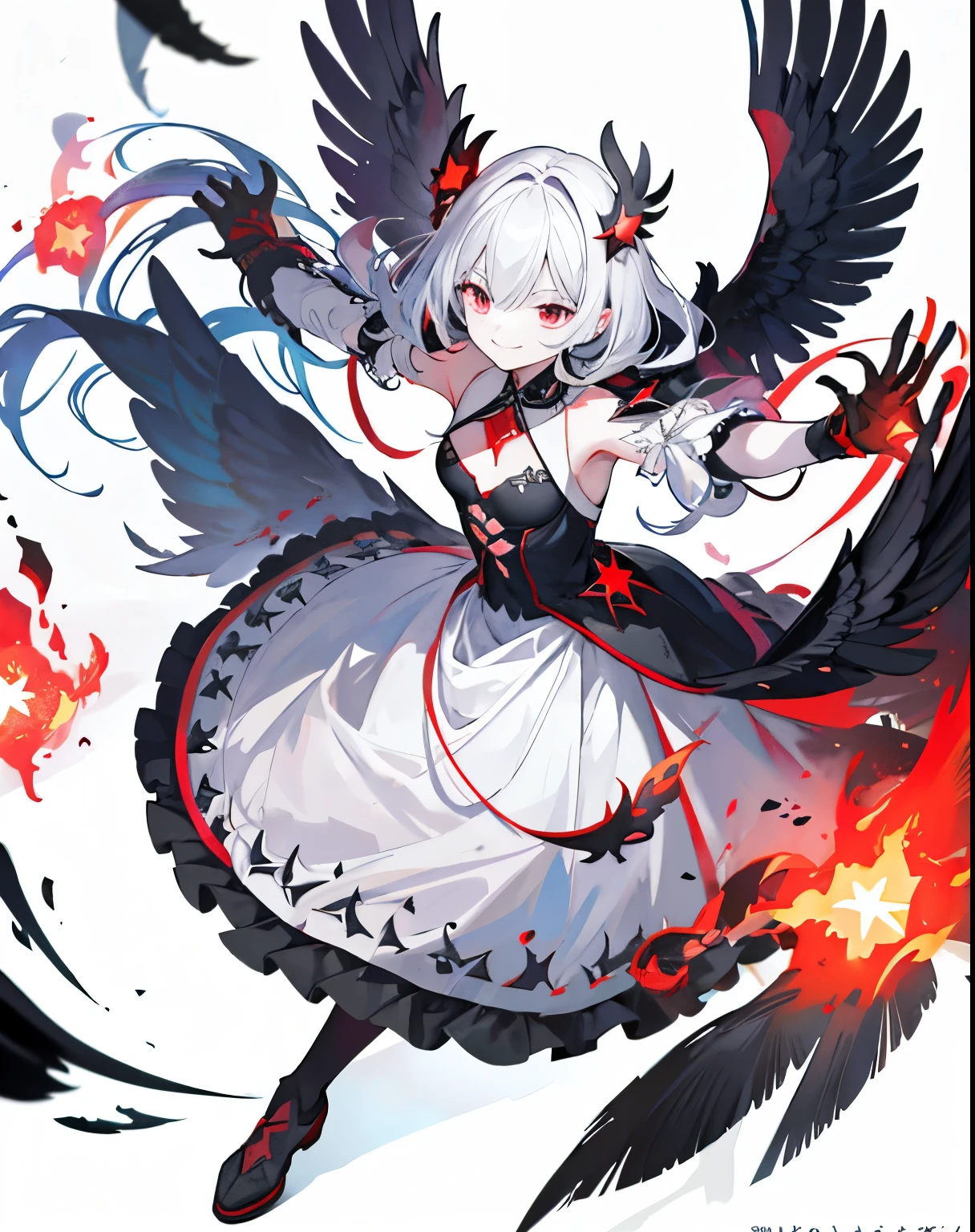 Art Station, White Background, Standing in the Wilderness,whole body、Equipped with Crow Gauntlets、triumphant smile、Small breasts、, As if smoke and shadows were given shape, Wings made from giant crows, Dancing crow feathers, Many glowing red eyes, Shadow Claw, Supernatural Lightning and Fire, ((Eight-pointed star symbol)), 8K High Resolution, トレンドArt Station, whole body,Black feather frill dress、A whirlpool of countless red-eyed crows、Nova explosion