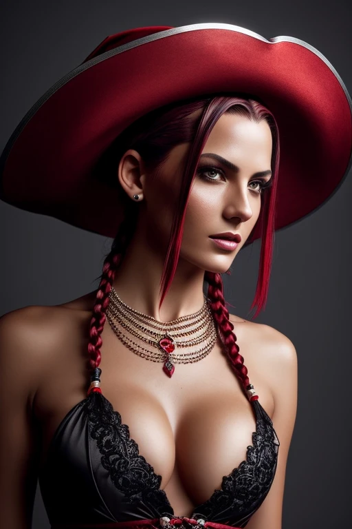 Gorgeous european woman with short hair, braided hair, wet hair, hair slicked back, combed straight back, slick hair, red gradient hair, dressed as a gypsy pirate, small pirate hat, jewelry, cleavage, glamour, solid dark grey background