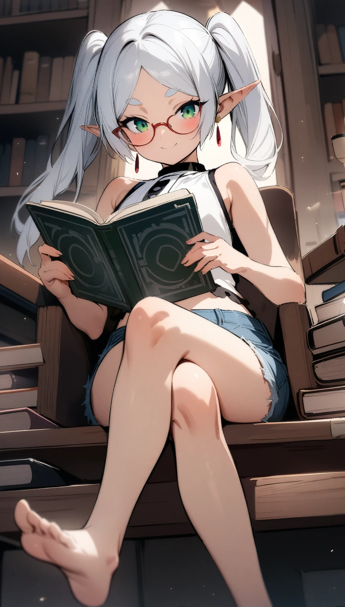 (masterpiece, best quality,1.3),extremely detailed,1girl,(frieren:1.6),pointy ears,elf,round face,green eyes,small breasts,white hair,twintails,parted bangs,smile,solo,(reading magic book),white tank top,frayed denim shorts,sleeveless,barefoot,crossed legs,glasses,library,looking at viewer,blush,best quality,amazing quality,very aesthetic,absurdres,