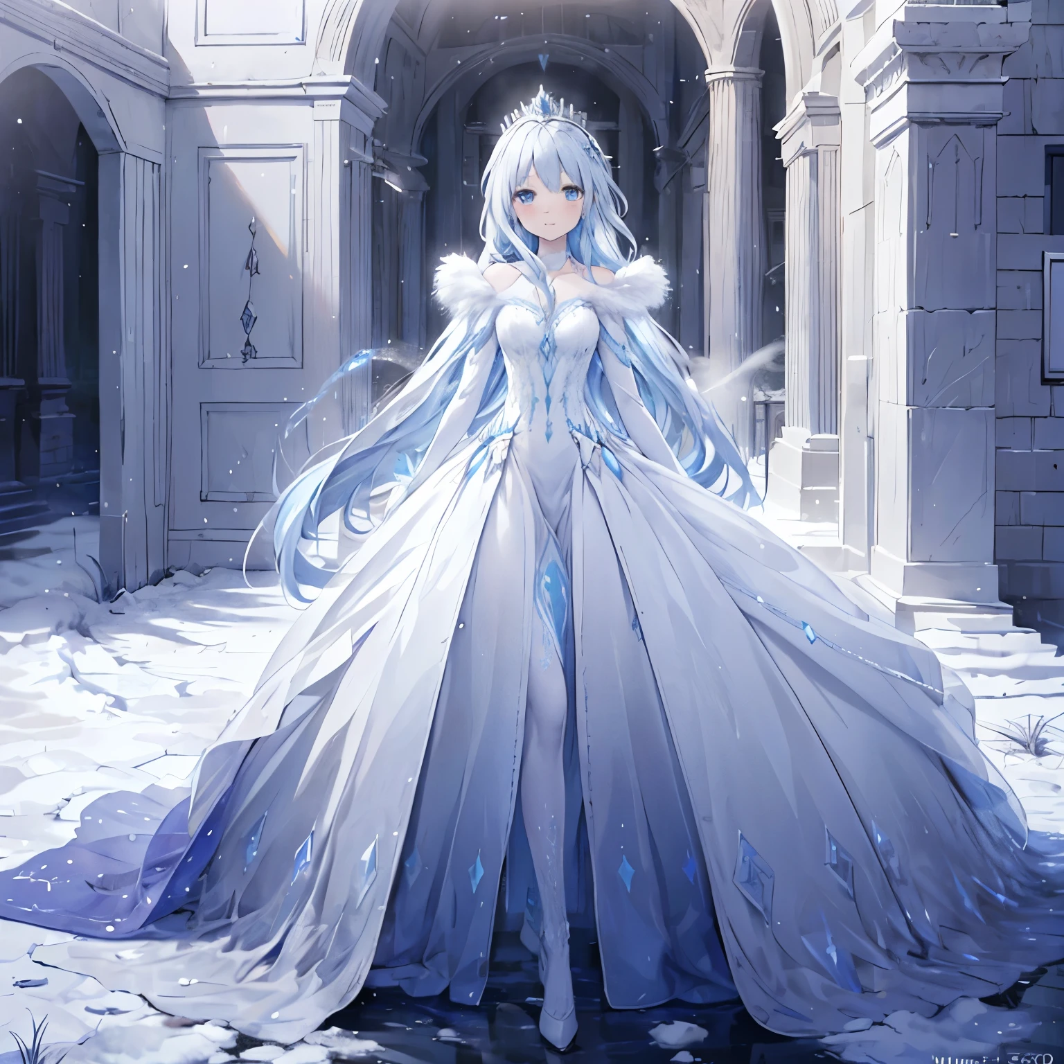 Female (elegant, ice queen, white and blue gown, long flowing hair, crown of ice), BREAK, background (winter, palace, snow, ice, regal), BREAK, quality (8k, ultra HD, highly detailed, masterpiece, cinematic lighting, photo-realistic)