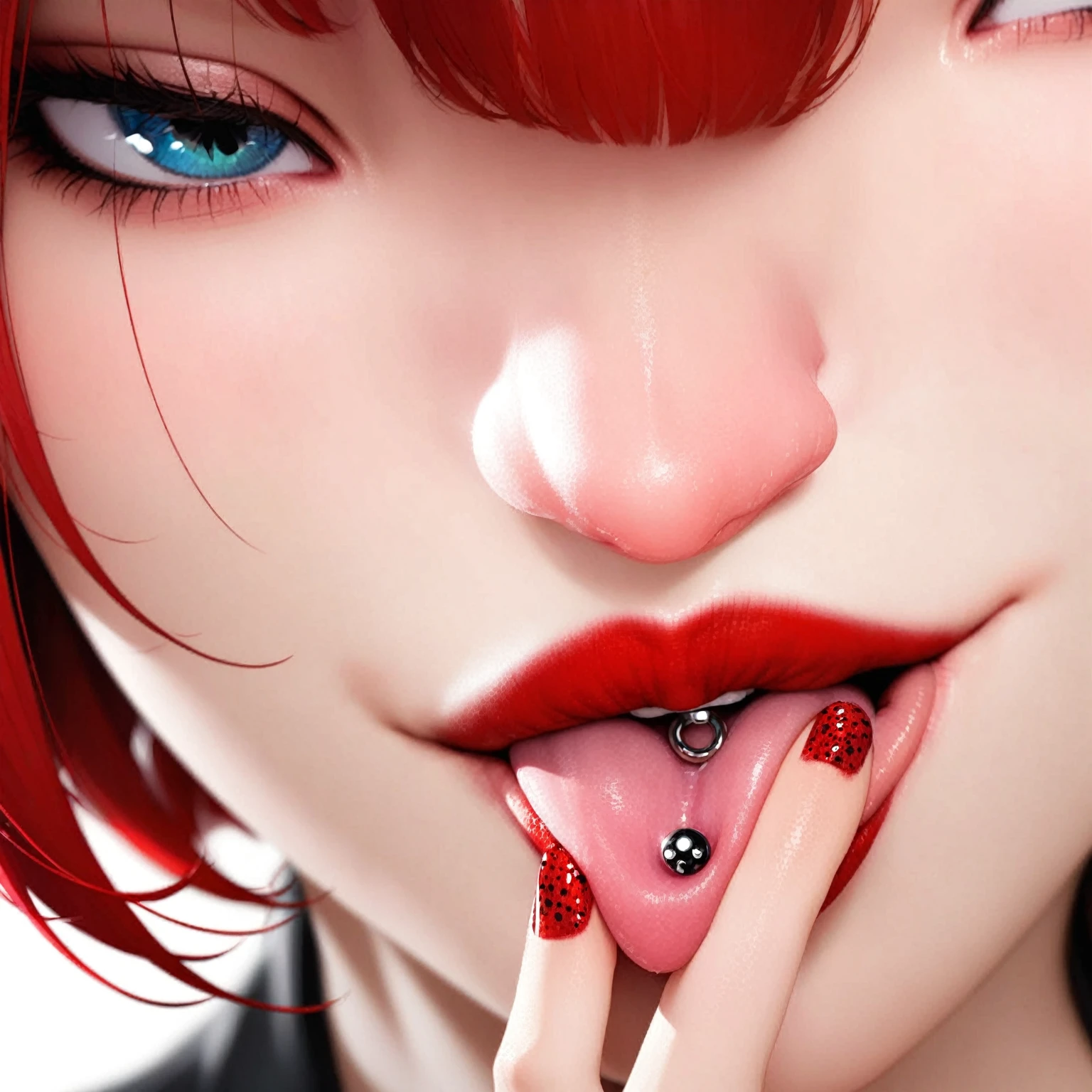extreme close up on mouth, sensual lips, (licking lips), pierced tongue, tongue piercing, cunnilingus gesture, glossy red lipstick, (rounded fingertips), short nails, red nail polish, tongue out