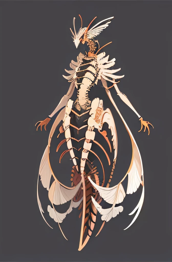 a monstrous centipede-like creature with delicate insect-like wings, intricate bone structures, full body,side view, no background