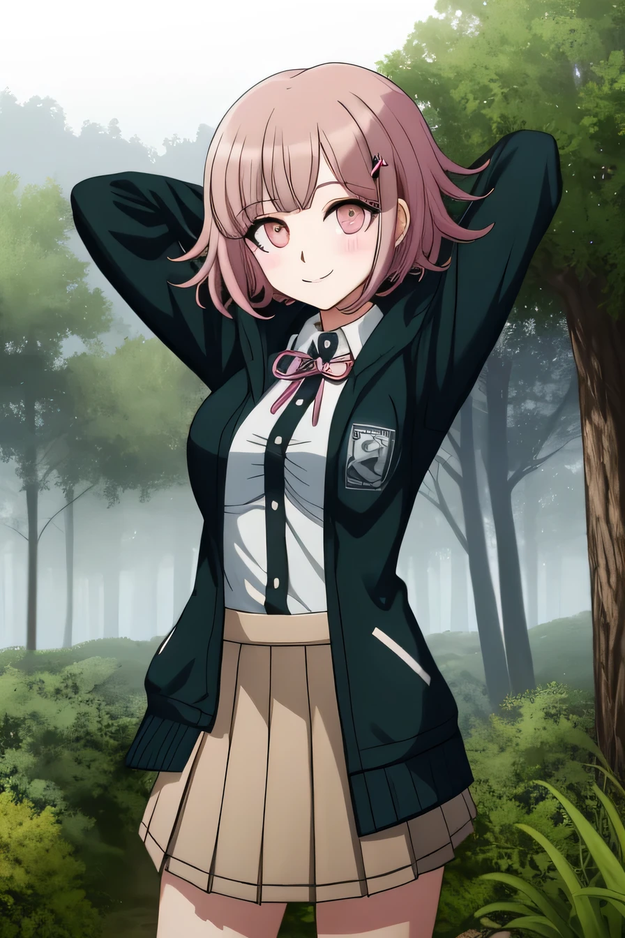 1girl, solo, hair ornament, shirt, jacket, ribbon, skirt, dress shirt, pink ribbon, open clothes, pleated skirt, white shirt, neck ribbon, collared shirt, hood, open jacket, looking at viewer, black jacket, long sleeves, shirt tucked in, brown skirt, hairclip, solo, night sky, forest, arms behind head, contrapposto, spread armpits, closed mouth, smile, cowboy shot, two-tone shirt, hooded jacket, breasts, medium hair, 