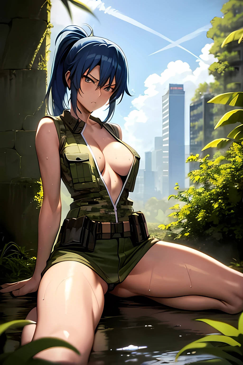 masterpiece, best quality, anime 1990s \(style\, leona heidern, sexy, naked , short,open vest., jungle, tactical, pony tail, serious, cammo, army, soldier, blue hair, warfare, war, wet.