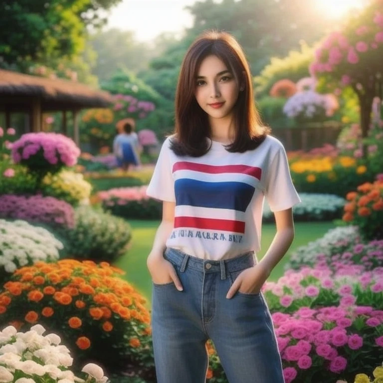 there is a woman standing in a garden with flowers, Thai anime girl, young beautiful Zinnia, fan art, Zinnia, Niwan Chandra, cute vtuber house, Standing in a field of flowers, girl in flowers, better known as Zinnia, Dilraba Dilmurat, with flowers, in the garden, official artwork