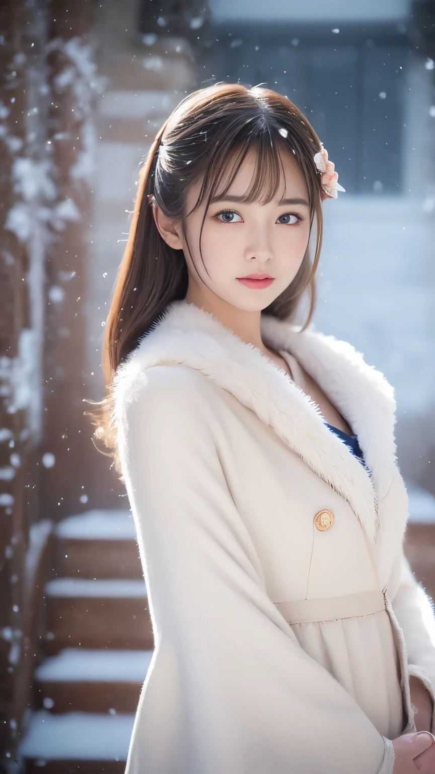 (highest quality, 8k, 32K，The details are very clear),Realistic, High resolution, 1 Japanese Women, alone, (Lolita Costume)，Gorgeous costumes，Facing the audience，(Upper Body，Upper limbs)， Beautiful Eyes, brown hair, Ring-shaped eyes, (outside，Heavy snowfall，Thick fur cape，Cover with snow)，Snowfield，blue eyes，highest qualityのイラスト，Detailed facial features