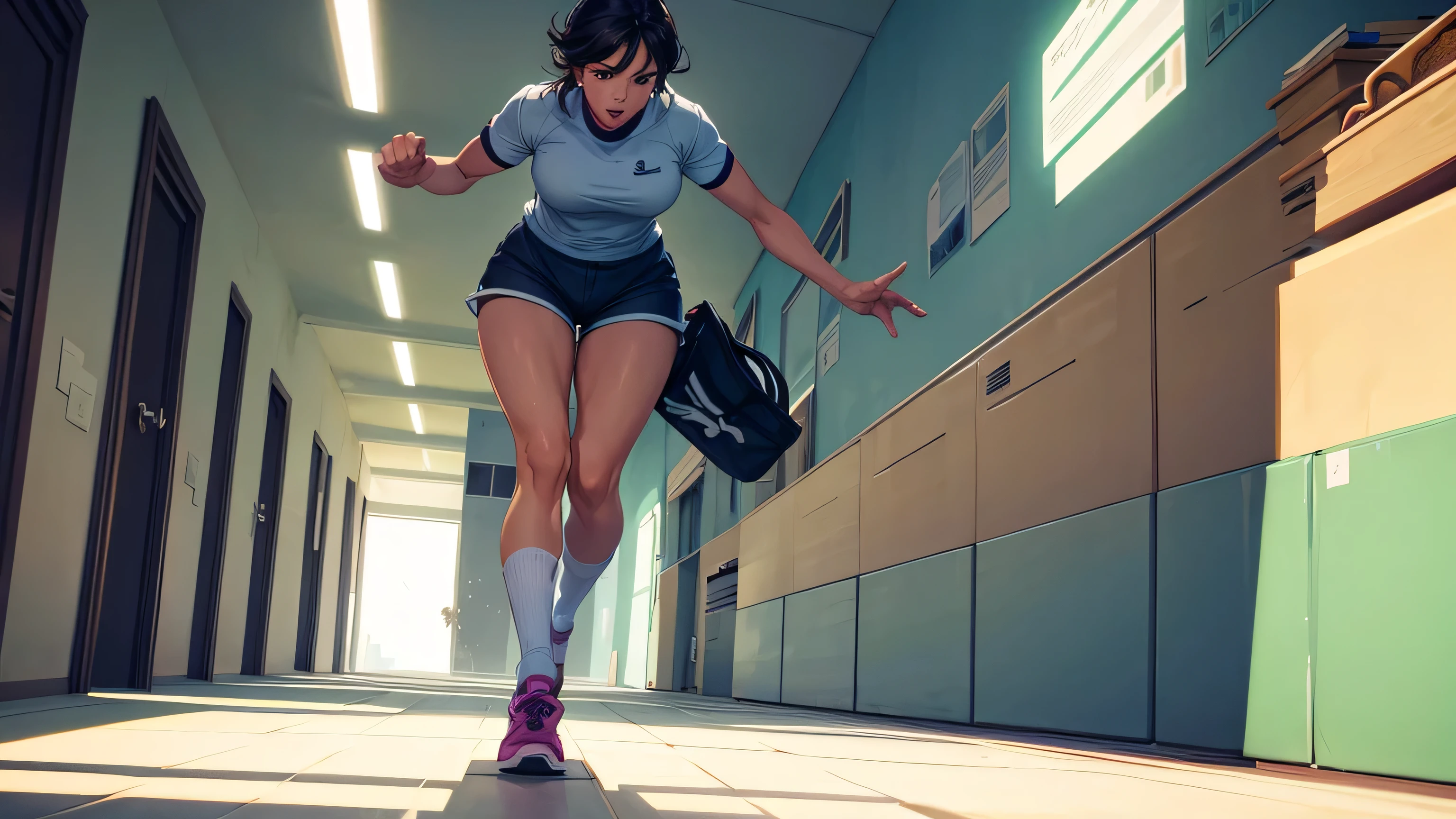 Animated illustration of a woman sprinting down a hallway, zoomed in on the lower half of her body, Shorts, socks