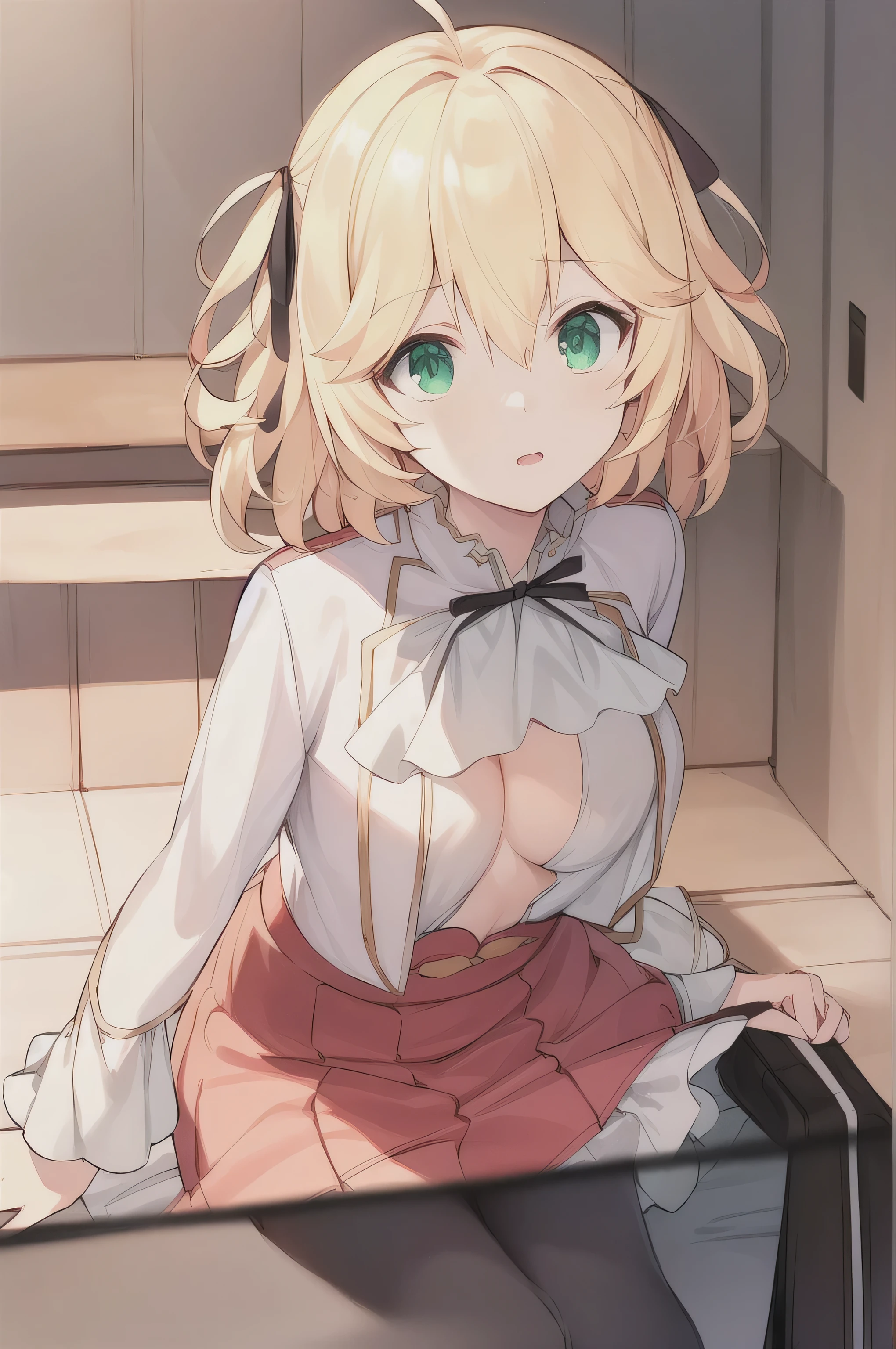 A girl,blond hair, short hair, Eye:1.5), (Large :1.2),
Rest special short skirt, Red skirt, White shirt, Seto Fuku,Lot,Open shirt,Close your eyes,boots,Cleavage ree looking at the audience,
Rest indoors, Class break (masterpiece:1.2), best quality, high resolution, Unity 8k Wallpaper, (illustration:0.8), (Beautiful and delicate Eye:1.6), Extremely detailed face, Perfect lighting, Extremely detailed CG, (Perfect hands, Perfect anatomical structure),