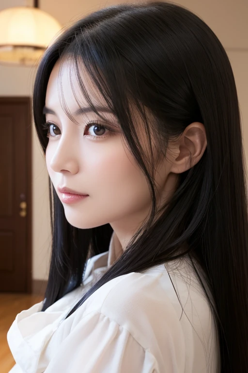 A woman in her early 30s with long black hair facing forward、Inside the house、Realistic face
