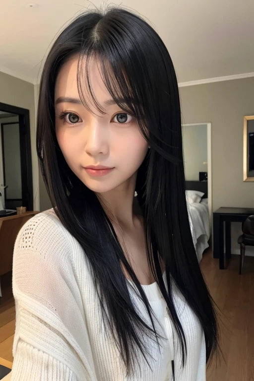 A woman in her early 30s with long black hair facing forward、Inside the house、Realistic face