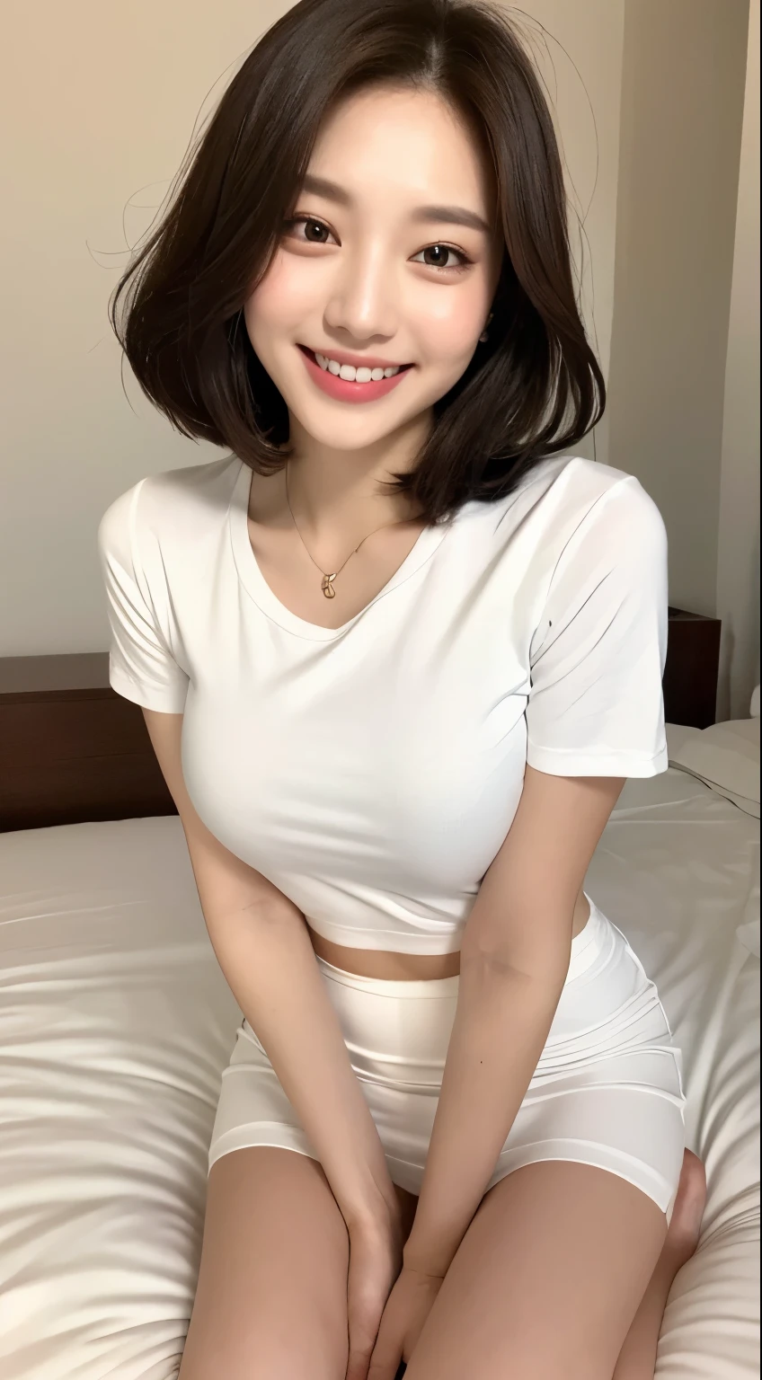 White tight shirt、White tight mini skirt、bed、smile、Short sleeve、high resolution、Korean idol face、double eyelid、White teeth