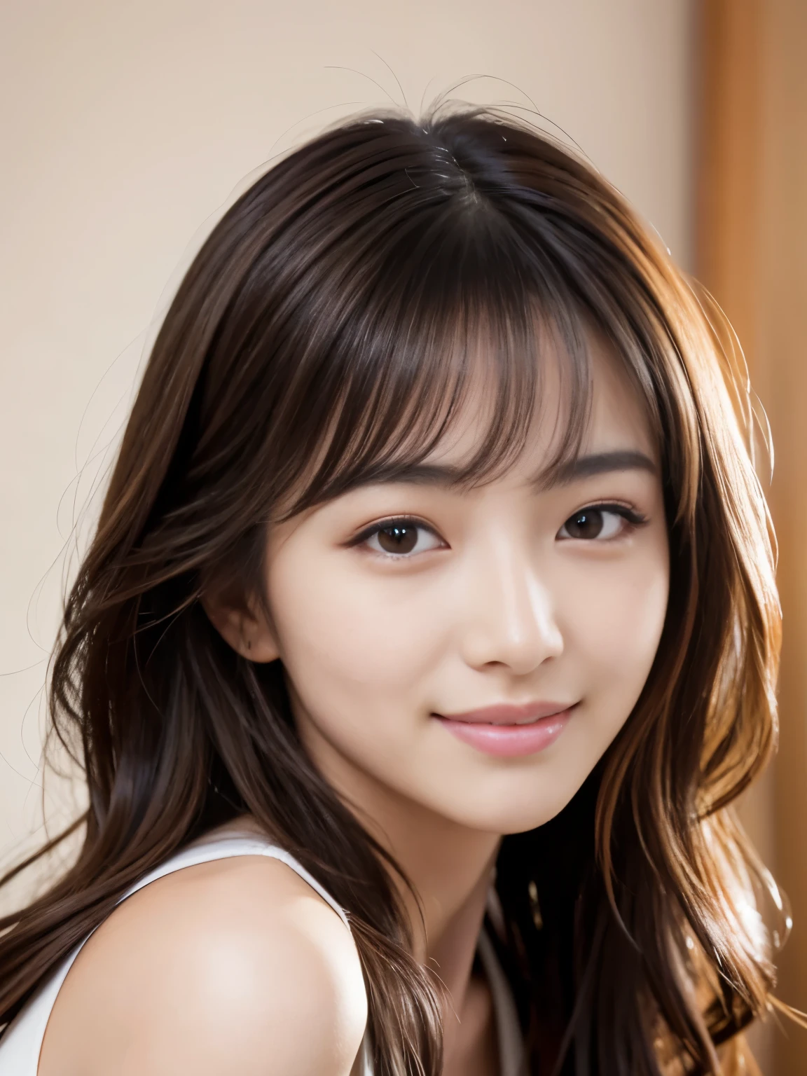 8k uhd,RAW photo,a japanese beauty idol,(real person:1.3),(highres),(detailed:1.2),(realistic:1.2), masterwork,RAW photo,real person,ultra high res,photorealistic,best quality,(high detailed skin,skin details),shiny skin,masterpiece,absurdres,finely detail,an extremely delicate and beautiful,extremely detailed 8K wallpaper,8k high quality,beautiful girl with beautiful details,(looking at viewer),professional photography lighting,extremely detailed eyes and face, eyes with beautiful details,cute and playful,adorable,medium hair, messy hair,asymmetrical bangs,smile,