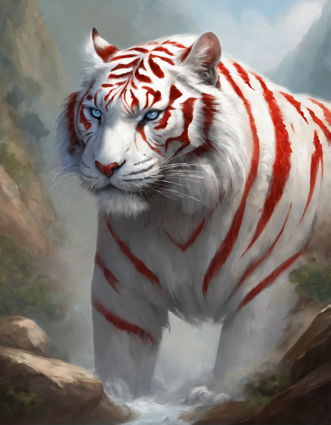 a close up of a white tiger with red wings on a cliff, concept art by Ryan Yee, trending on cgsociety, furry art, furry fantasy art, mythical creature, 🌺 cgsociety, lord of beasts, fantasy creature, giant ethereal creature, from magic the gathering, magic the gathering art style, kaladesh concept art. mechanical, very very beautiful furry art