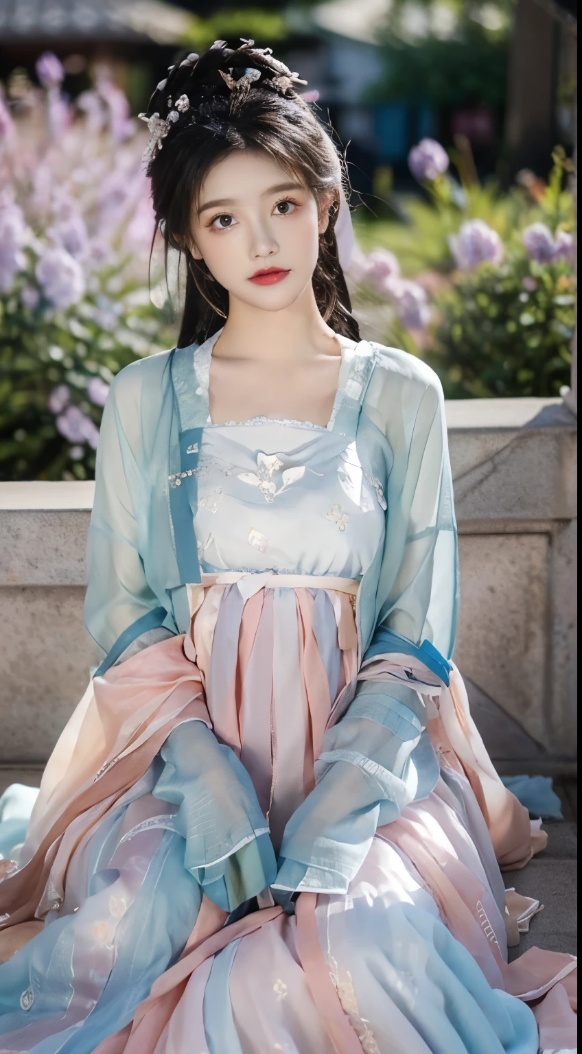 1 fille,Beau et émouvant, motif floral, Peau brillante, Regard charmant, Decorative clothing, natural lighting, vue peu profonde et profonde, environnement romantique, dreamy pastel color palette,(8k, photo originale:1.2), Best quality, Ult