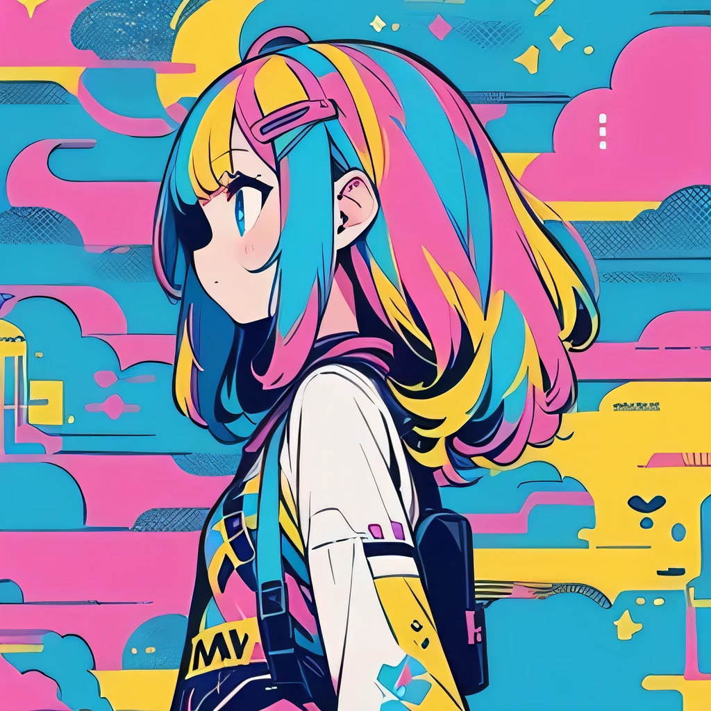 The background is colorful geometry、Profile of a girl with inner color looking at the sky、 enhancement