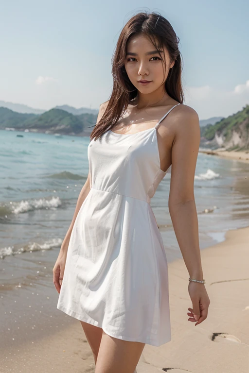 Korean beach promotional photo shoot in white dress