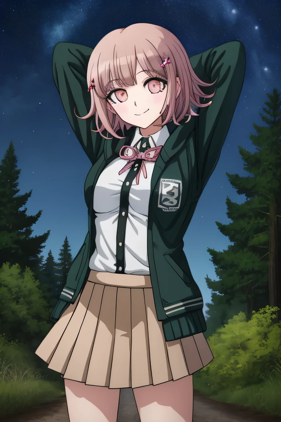 1girl, solo, hair ornament, shirt, jacket, ribbon, skirt, dress shirt, pink ribbon, open clothes, pleated skirt, white shirt, neck ribbon, collared shirt, hood, open jacket, looking at viewer, black jacket, long sleeves, shirt tucked in, brown skirt, hairclip, solo, night sky, forest, arms behind head, contrapposto, spread armpits, closed mouth, smile, cowboy shot, two-tone shirt, hooded jacket, breasts, medium hair,