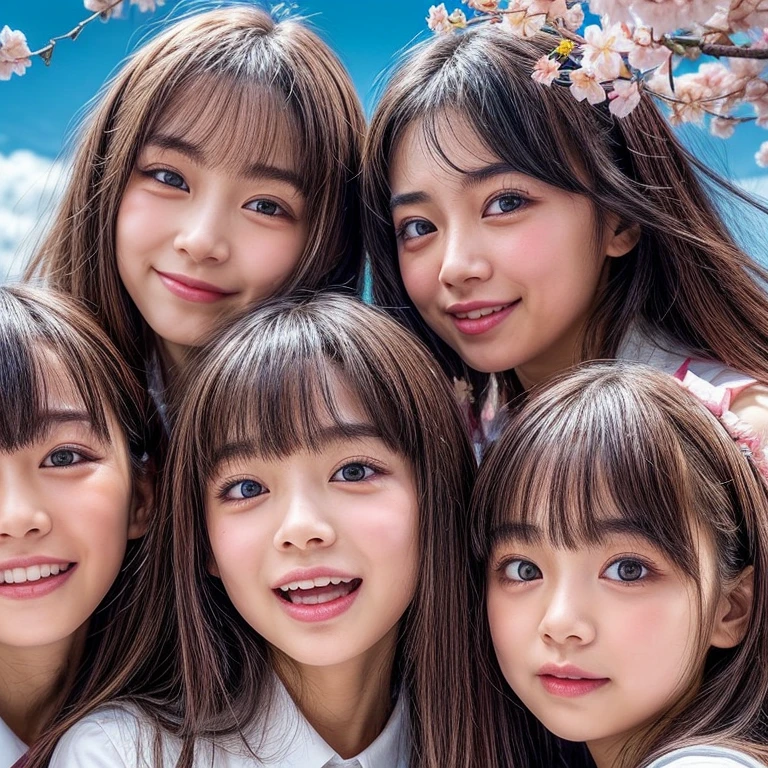 Best_Quality, (masterpiece:1.2) of professional Analog Hi-Res photo, (realistic and photorealistic with touch of rawness:1.37), (( group photo:1.5) of (schoolgirls looking down at the camera and Surrounding))), (Filled with many Faces), (NOGIZAKA face variations:1.4), Wearing schooluniform, { pose for a photo | Kissing }, (((close:1.4, Face closeup from below:1.25))), (((Sky background) with CherryBlossoms)) . BREAK Extremely Detailed KAWAII face variations, captivating gaze, elaborate detailed Eyes with (sparkling highlights:1.2), long eyelashes、Glossy RED Lips with beautiful details, Coquettish tongue, Rosy cheeks, Glistening ivory skin . (Dynamic joyful expressions | :D), Childish .