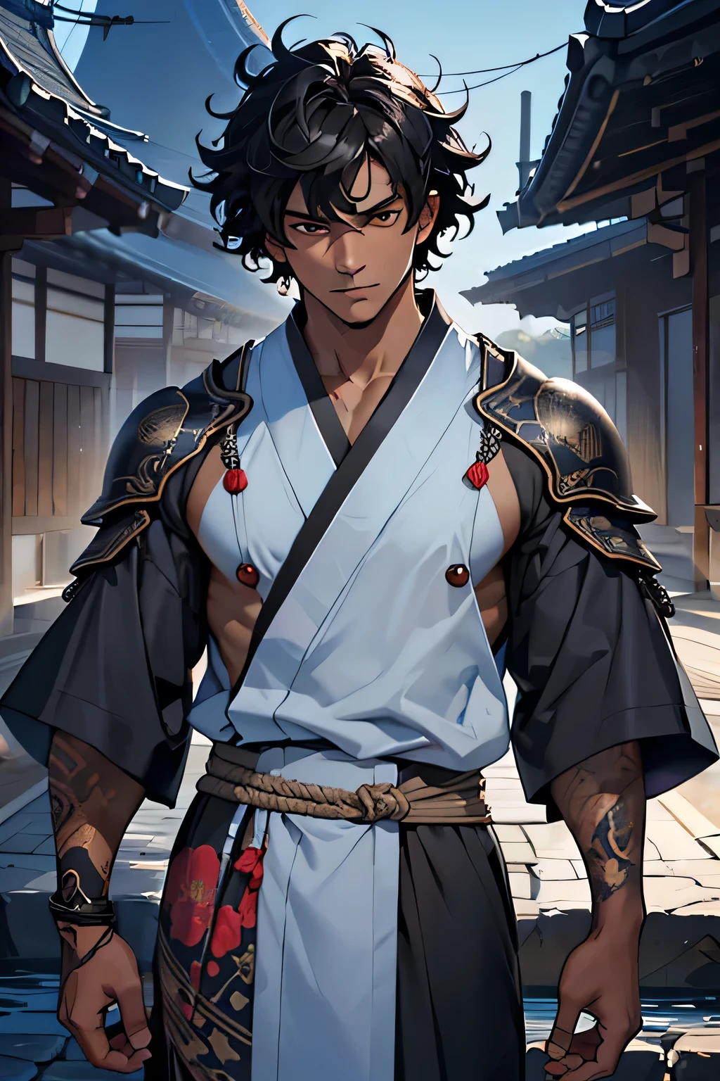 black short hair, dark skin male, Curly hair, bright brown eyes, Eye reflection, samurai armor and dark blue yukata, ager, black tatto in right arm, Palacio Ambience, Beautiful appearance, Anatomically accurate., Masterpiece, super detaill, High Quality, Best Quality, 8K, one man's masterpiece,Background in front a japonese palacio, red full moon