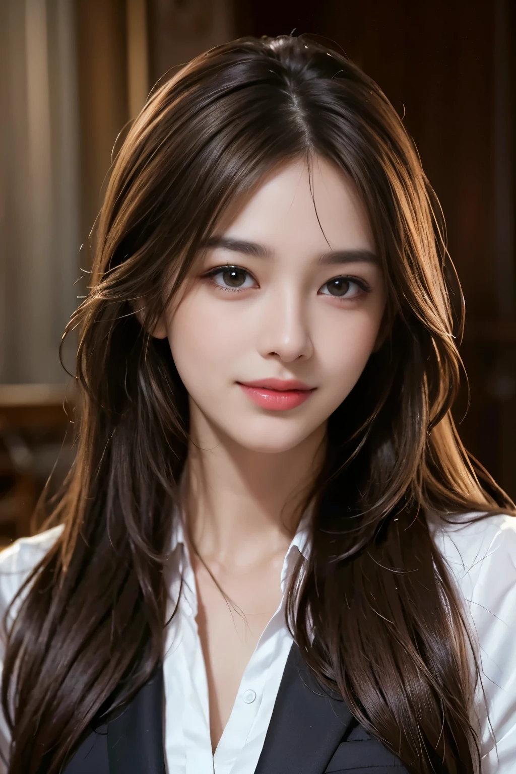table top, highest quality, realistic, Super detailed, finely, High resolution, 8k wallpaper, 1 beautiful woman,, light brown messy hair, wearing a business suit, sharp focus, perfect dynamic composition, beautiful and detailed eyes, thin hair, Detailed realistic skin texture, smile, close-up portrait, model body shape