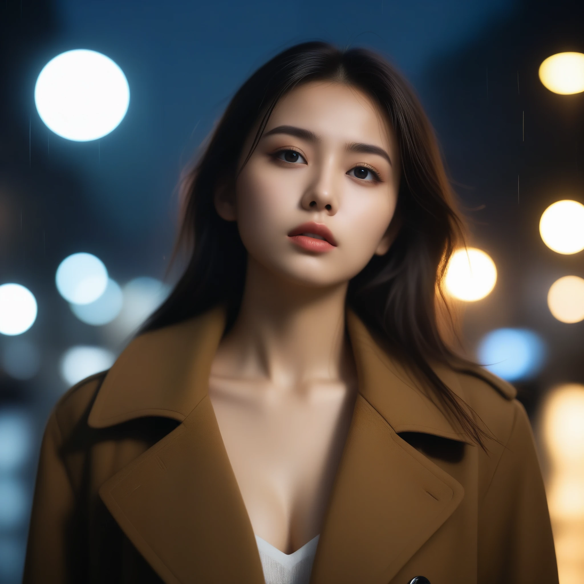 8k, Ultra-high resolution, highest quality, masterpiece, Surreal, photograph,Three-part method, 1 girl, (16 years old:1.3), pretty girl, Cute Face, Beautiful eyes in every detail,(highest quality,masterpiece:1.3,In 8K),(Realistic:1.4,RAW shooting,Caustics),City of night,(Very heavy rain:1.2),Street lamp,(Street lampの光を反射して白く輝く雨粒:1.2),(Woman looking up at the sky),Mid-length hair,Sad expression,Long coat,Bust up shot,((Thin legs))、Bold Pose,super cute super model、Look closely at the camera,鮮明なdetailed、detailed、Surreal、Light and shadow,Strong light,Fashion magazine cover,Thin lips