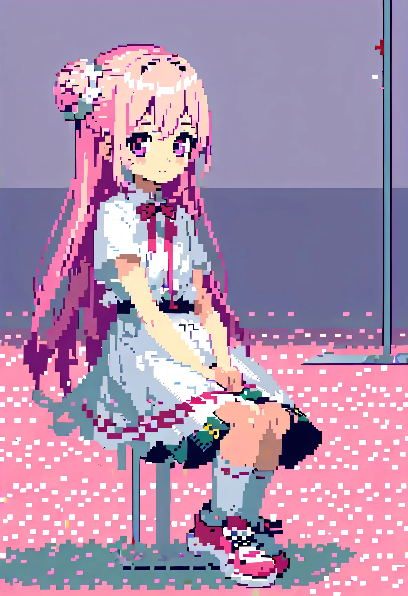 One girl, difficult, (((Pixel art))),((alone:1.5)), (Hair Ribbon:0.4), (((Pink Eyes))),(((White bun hair))),(((Long pink hair))),Long Hair、、White knee socks、Checked skirt、Indoor shoes、Flower Field、