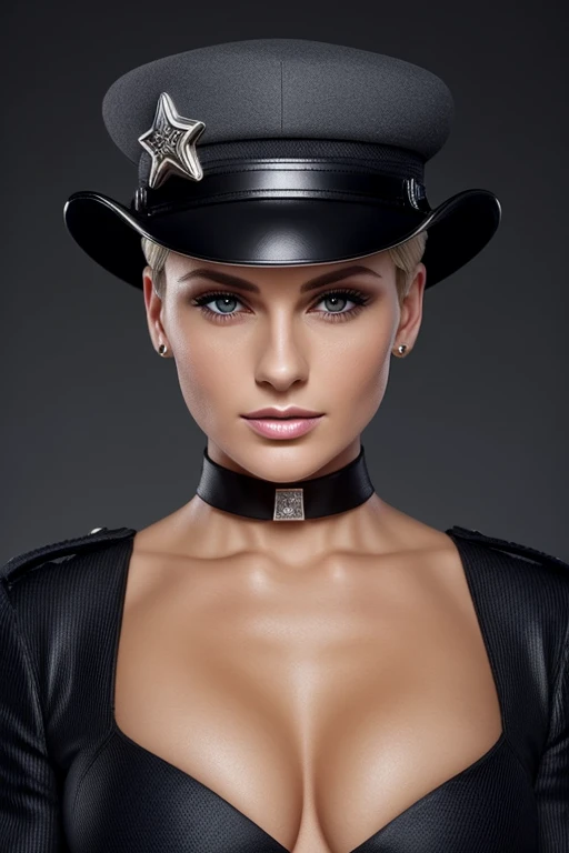 Gorgeous european woman with short hair, short ponytail, wet hair, hair slicked back, combed straight back, slick hair, blonde gradient hair, dressed as a police officer, hat, jewelry, cleavage, glamour, solid dark grey background