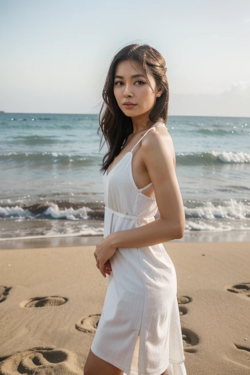 promotional photo shoot on the Japanese beach in a white dress