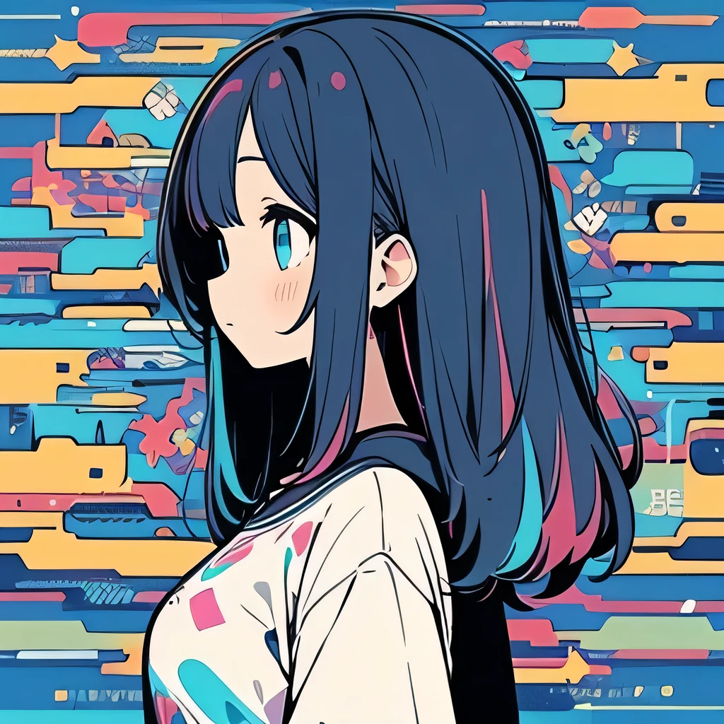 The background is a colorful square pattern.、Profile of a girl with inner color looking up at the sky、breast enhancement