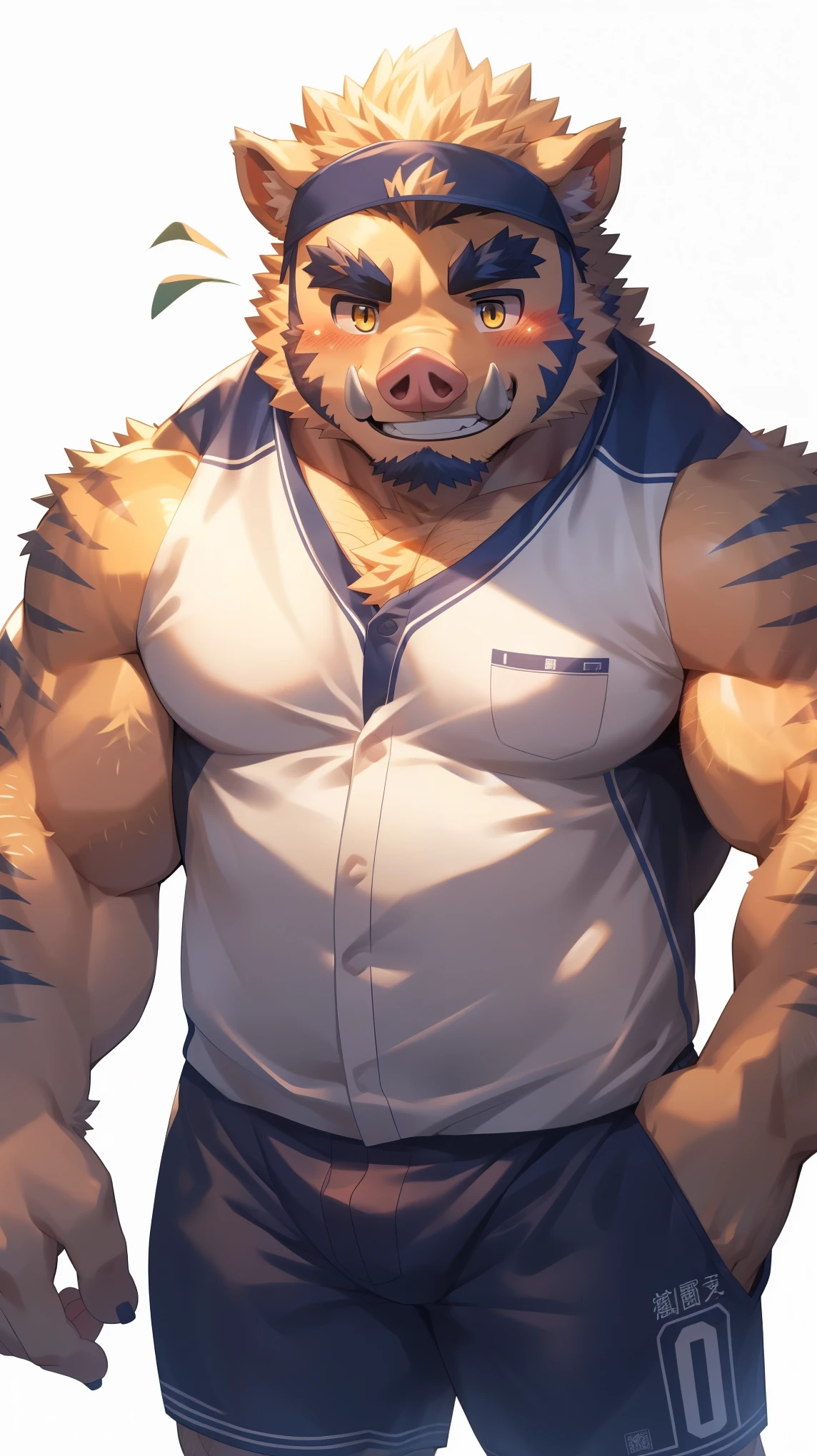 Solitary, anthropology, hairy, male, Wild Boar, ((fluffy fur, hairy body)), (Wild Boar印), (Thick eyebrows), youth, muscular, White skin, White big muscle, Golden pupils, de-tailed teeth, defaced face, Pig nose, Fundos, Softball player, 白色baseball服, Black leggings, 手持baseball棍, 站在Green field上, Small bump, Shy expression, A faint smile, blush, Clear facial features, (Top view:1.4), Strong, majestic, solitary, Full body image, Fog atmosphere, early morning, Tyndall rays, Green field, baseball (through empty ghost, From boar22, masterpiece, high quality, high resolution,8k), permanent, Bust, (Vision)