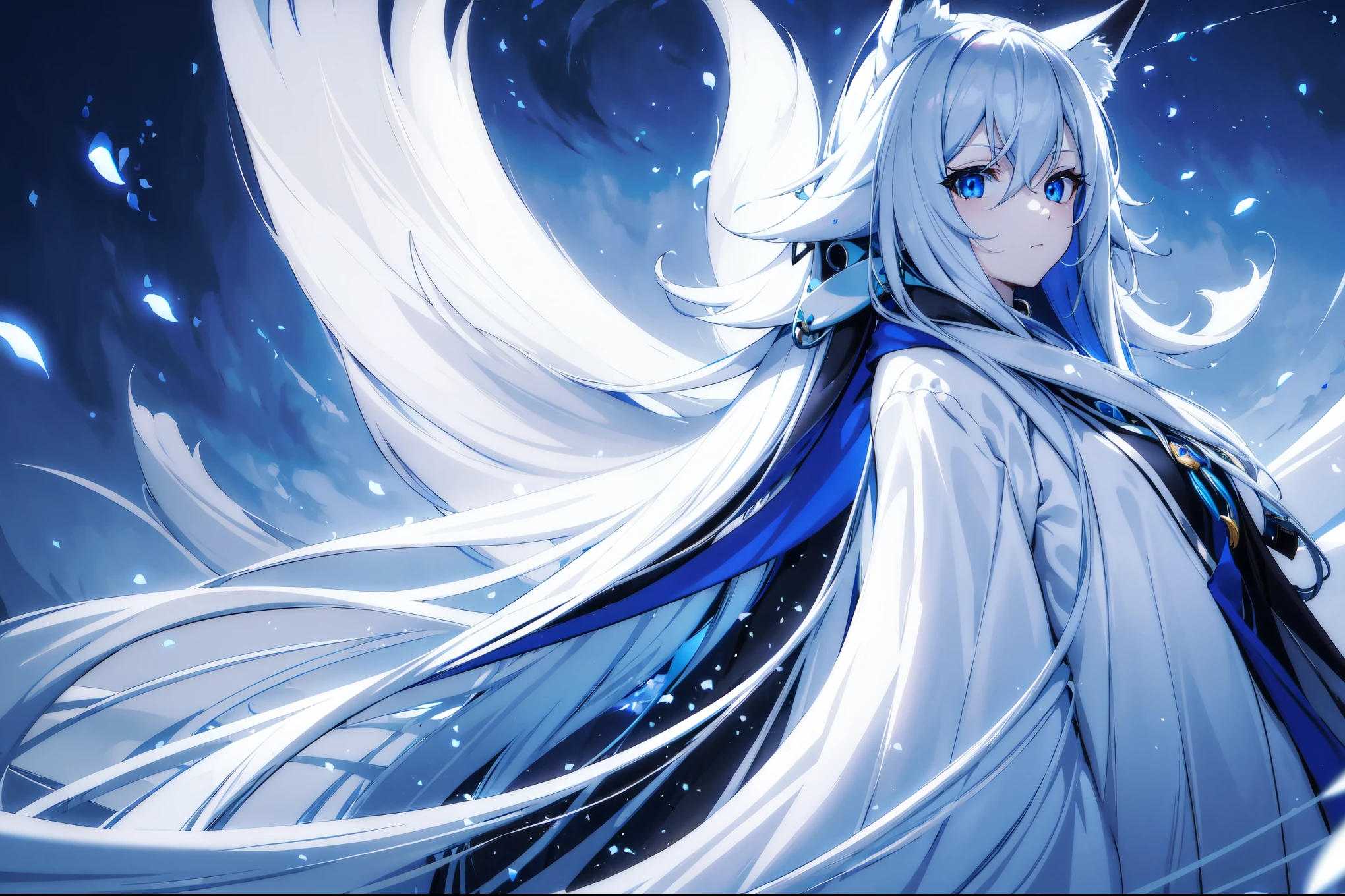 (best quality,highres,masterpiece:1.2),(flatten art:0.7), masterpiece, best quality, 1woman, Anime, darker environment, long white hair, ao dai, blue demon eyes, white fox ear, large breast, white fox tail, enticing, night, dark, looking at viewer, solo, winter, snow, faint moonlight, smug face, close-up