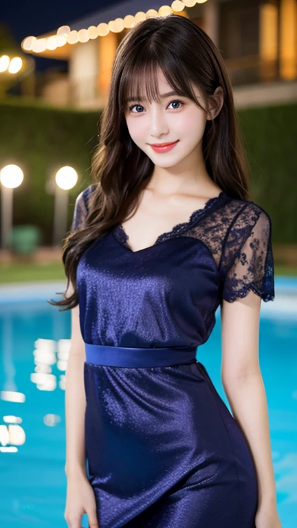 highest quality、8k wallpaper、Reality:1.4、Photographed by a professional photographer、Cinema Lighting、View your viewers、background:Blurred night swimming pool、1 beautiful girl、Japanese Idol、19 years old、Beautifully detailed eyes、Detailed face、Beautiful Skin、Slender、Slim waist、Thin legs、Lip balm、Blonde: 1.5、Long Hair、Asymmetrical bangs、Tight-fitting silk lace dress 、smile:1.5、I can see your chest、Seductive pose