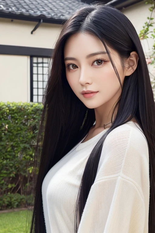 A beautiful woman in her early 30s with long black hair facing forward、House as background、Realistic face、Eyes are not too big and have a natural look