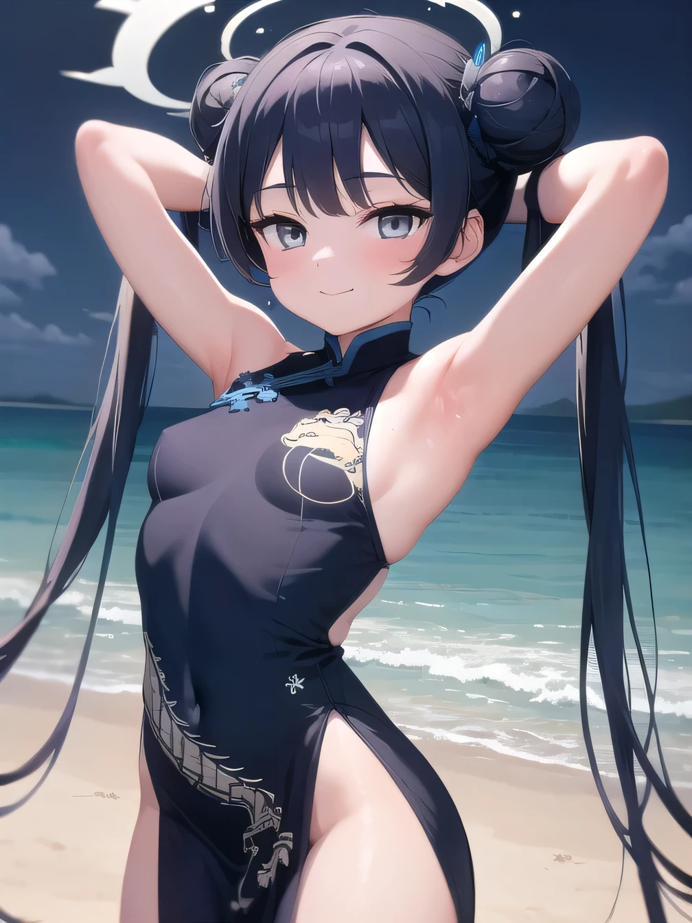 (masterpiece, best quality), 1girl, kisaki, grey eyes, black hair, hair bun, double bun, twintails, butterfly hair ornament, halo,, china dress, black dress, sleeveless, dragon print, gloves, closed mouth, solo, cowboy shot, night sky, beach, arms behind head, contrapposto, spread armpits, looking at viewer, best quality, smile,