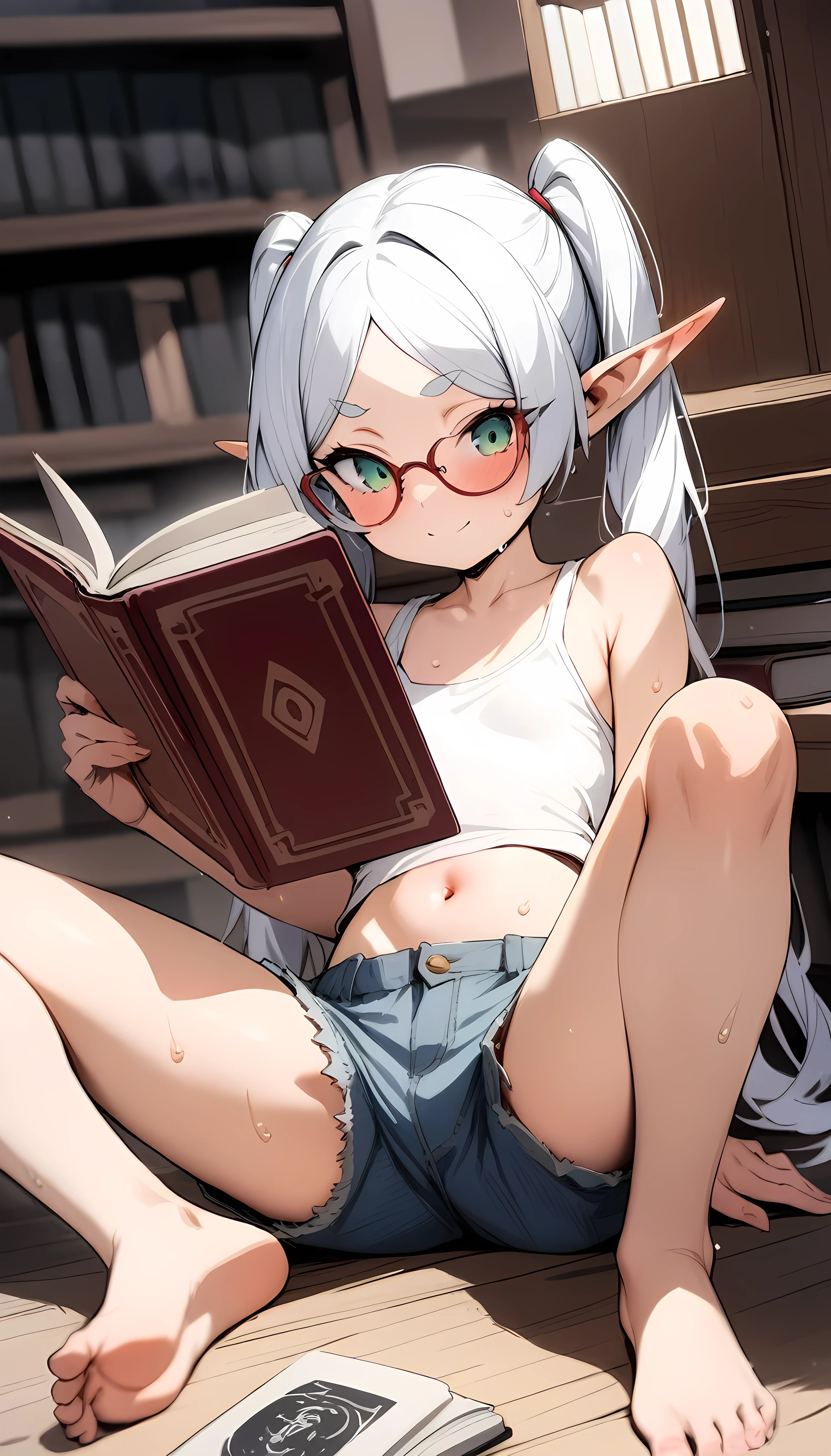 (masterpiece, best quality,1.3),extremely detailed,1girl,(frieren),pointy ears,elf,round face,green eyes,navel,small breasts,sweat,white hair,twintails,parted bangs,smile,solo,(reading magic book),white tank top,frayed denim shorts,sleeveless,barefoot,spread legs,glasses,library,looking book,blush,best quality,amazing quality,very aesthetic,absurdres,