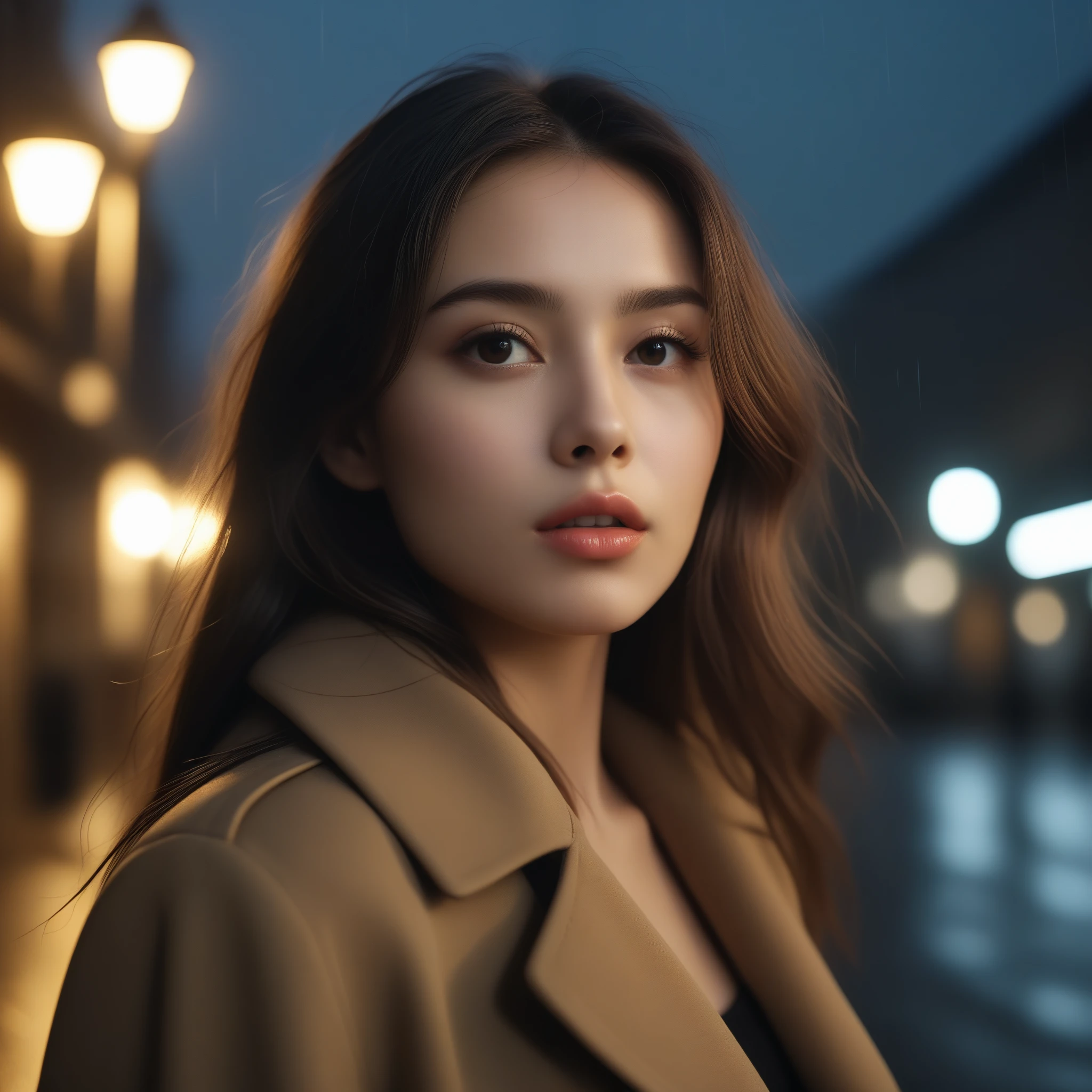 8k, Ultra-high resolution, highest quality, masterpiece, Surreal, photograph,Three-part method, 1 girl, (16 years old:1.3), pretty girl, Cute Face, Beautiful eyes in every detail,(highest quality,masterpiece:1.3,In 8K),(Realistic:1.4,RAW shooting,Caustics),City of night,(Very heavy rain:1.2),Street lamp,(Street lampの光を反射して白く輝く雨粒:1.2),(Woman looking up at the sky),Mid-length hair,Sad expression,Long coat,Bust up shot,((Thin legs))、Bold Pose,super cute super model、Look closely at the camera,鮮明なdetailed、detailed、Surreal、Light and shadow,Strong light,Fashion magazine cover,Thin lips