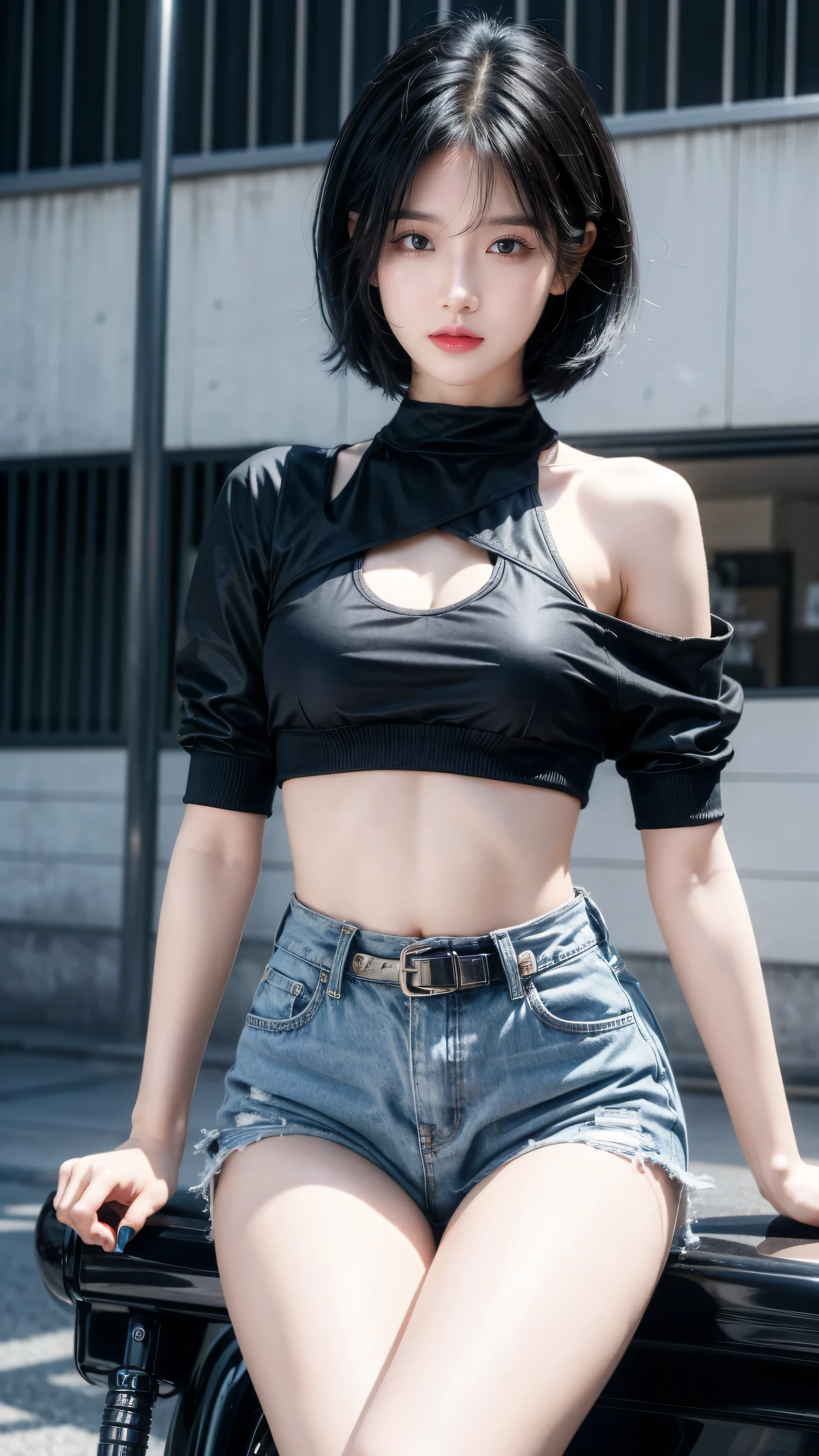 best quality, 1 Girl, dark blue hair, black eyes, Very short hair, Spiky hair, Crop Top Drape, high waist short,Wearing long black boots)、171 cm, Messy hair, Hair between the eyes, Medium breasts, full, Tomboy, aldult, 20 years old, 1 girl riding a large two-wheeled vehicle