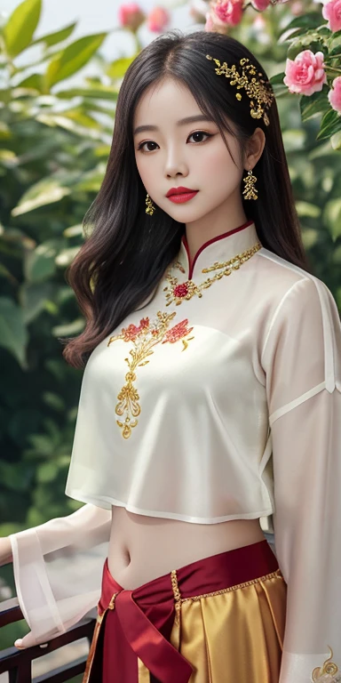 beautiful girl: Asia, cute, beautiful, sparkling;
age: 20 years old;
hair: copper orange color, smooth, lung linh dưới sunlight, rất detail;
skin: white ngà, rosy and flawless;
eye: jet black, ((thực tế)), almond shaped, sexy, youthful, trong trẻo, siêu detail, elegant, charming, vivid makeup, high solution, ((captivates viewers) );
mí eye: delicate beauty, perfect;
eyebrow: cong, dear, high solution;
face: beautiful, pure, beautiful like a fairy, Exquisite makeup, lovely, cân đối perfect, đẹp đến từng detail, elegant lines, ((có hình xăm));
nose: xinh, lovely, cao;
cheekbone: prominent;
lip: charming, light red lipstick, son bóng lovely;
răng: moon crystal;
ngực: núm vú full, Deep, toning, vừa vặn với clothing ngực, Protruding nipples;
clothing ngực: bright red, gold embroidery, metal;
Body shape: full, charming, full of youth;
accessory: ruby necklace, bông tai ruby;
clothing: silk fabric, red silk belt, white, ((exposing the belly));
quần clothing: tight, (((piercing))), flattering on the chest;
underwear: bright red, ((thêu bằng sợi metal)).
Fashion style: high class female, Modern 2024, luxurious;
Image quality: non-NSFW, 8K CG HD, high solution, Super nice graphics, professional, detail, vivid colors, ultrafine, advanced techniques, Super realistic RAW;
light: luxurious, preview, complicated, black and yellow tones;
sunlight: twinkle, illuminate the girl's body;
backdrop: xứ sở thần tiên, colorful flower garden.
(((The photo focuses on the girl's chest, surreal, siêu detail, làm prominent các góc cạnh dưới sunlight chói chang))).