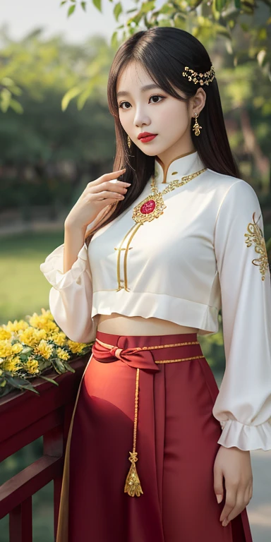 beautiful girl: Asia, cute, beautiful, sparkling;
age: 20 years old;
hair: copper orange color, smooth, lung linh dưới sunlight, rất detail;
skin: white ngà, rosy and flawless;
eye: jet black, ((thực tế)), almond shaped, sexy, youthful, trong trẻo, siêu detail, elegant, charming, vivid makeup, high solution, ((captivates viewers) );
mí eye: delicate beauty, perfect;
eyebrow: cong, dear, high solution;
face: beautiful, pure, beautiful like a fairy, Exquisite makeup, lovely, cân đối perfect, đẹp đến từng detail, elegant lines, ((có hình xăm));
nose: xinh, lovely, cao;
cheekbone: prominent;
lip: charming, light red lipstick, son bóng lovely;
răng: moon crystal;
ngực: núm vú full, Deep, toning, vừa vặn với clothing ngực, Protruding nipples;
clothing ngực: bright red, gold embroidery, metal;
Body shape: full, charming, full of youth;
accessory: ruby necklace, bông tai ruby;
clothing: silk fabric, red silk belt, white, ((exposing the belly));
quần clothing: tight, (((piercing))), flattering on the chest;
underwear: bright red, ((thêu bằng sợi metal)).
Fashion style: high class female, Modern 2024, luxurious;
Image quality: non-NSFW, 8K CG HD, high solution, Super nice graphics, professional, detail, vivid colors, ultrafine, advanced techniques, Super realistic RAW;
light: luxurious, preview, complicated, black and yellow tones;
sunlight: twinkle, illuminate the girl's body;
backdrop: xứ sở thần tiên, colorful flower garden.
(((The photo focuses on the girl's chest, surreal, siêu detail, làm prominent các góc cạnh dưới sunlight chói chang))).