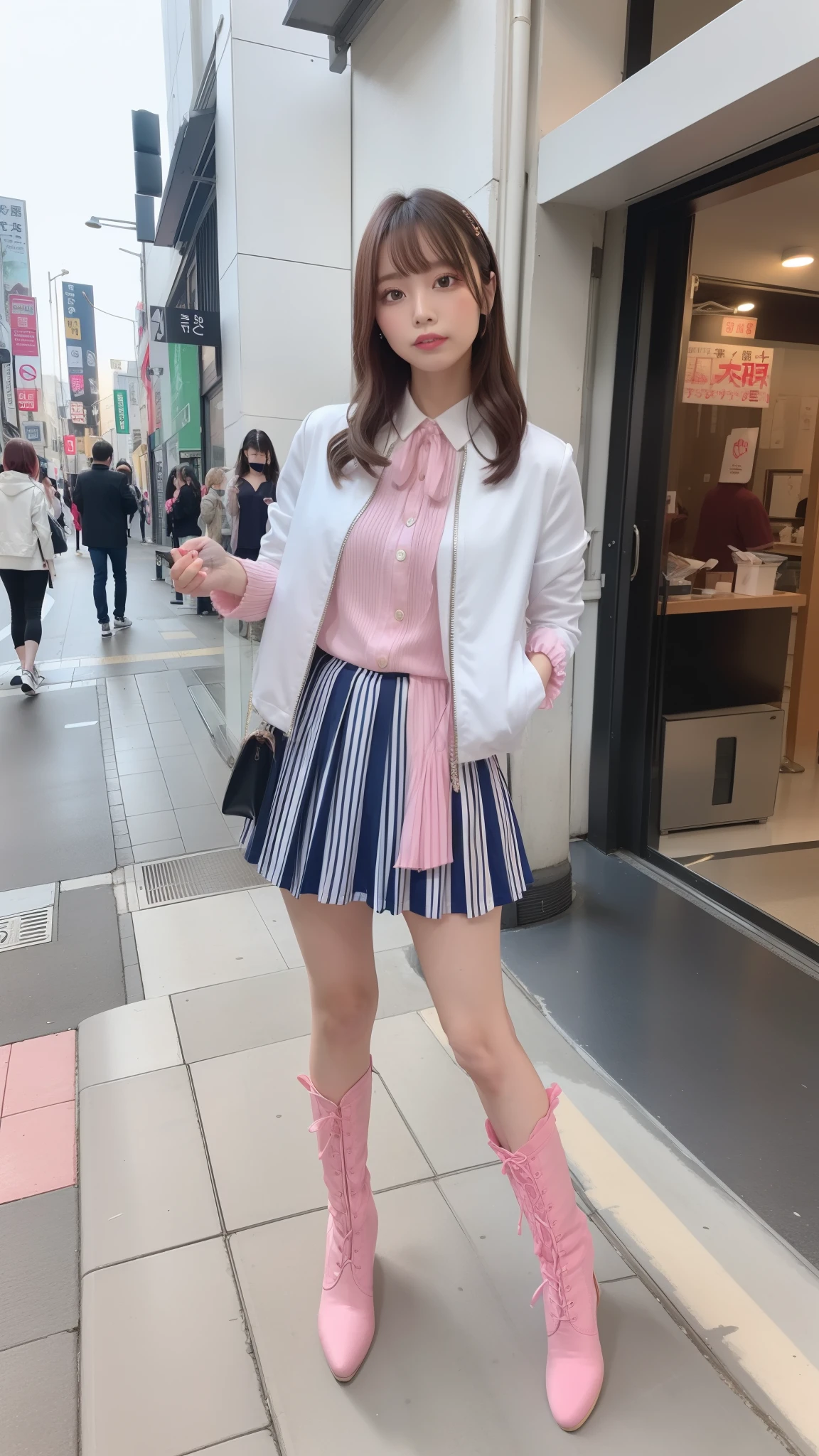 Costume like a idol, blue and white half sleeve Jacket, pink satin ruffled blouse, White and pink stripe pleated skirt, white lace up boots
