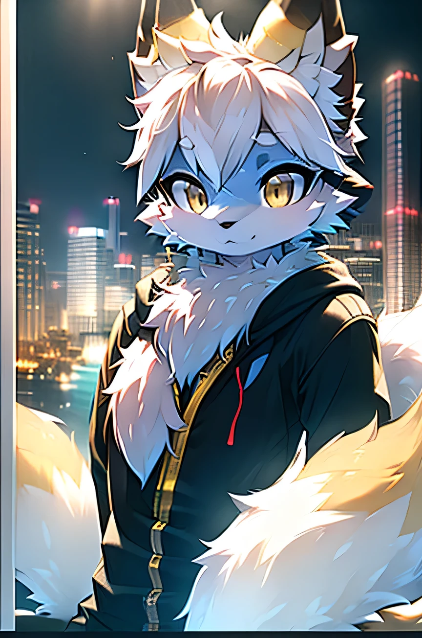 a furry creature with a fish-like tail, yellow eyes, white hair, yellow paw pads, two yellow and white gradient corners on the top of the head, in the corner of a city background, (best quality,4k,8k,highres,masterpiece:1.2),ultra-detailed,(realistic,photorealistic,photo-realistic:1.37)