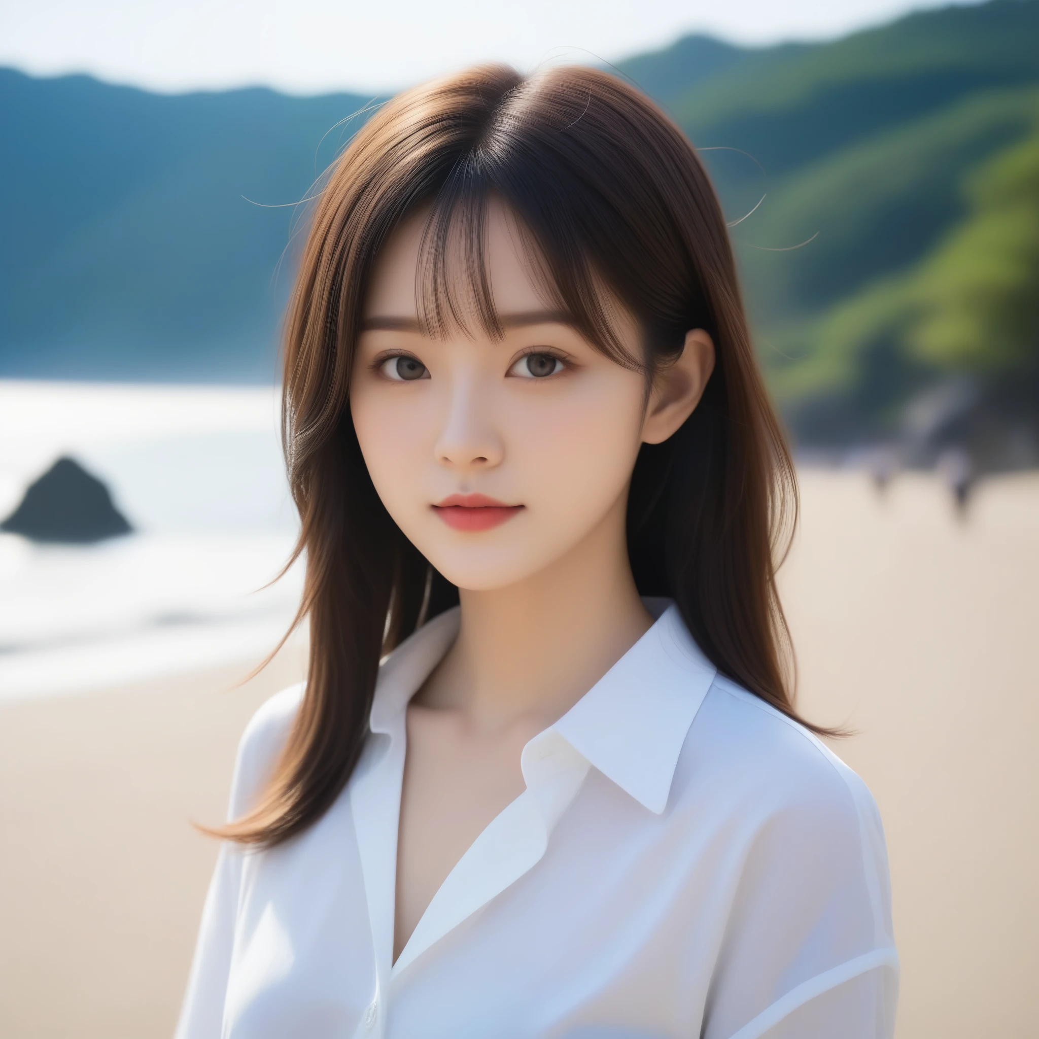 8k, Ultra-high resolution, highest quality, masterpiece, Rule of thirds photography,Surreal, photograph, 1 girl, (:1.3), pretty girl, Cute Face, Beautiful eyes in every detail, 細かくdetailedに,masterpiece,, One Girl:1.2, Japan Female Announcer,Seaside,Girl taking a walk,(((White button-up long shirt)))、フィルムポートレートphotograph、One Girl、Expose your shoulders、Bob Cut Hair,Calm、whole bodyエズビアン、(Realistic detailedd eyes、Natural skin texture、Realistic facial details),Sexy pose、See through ,Bold Pose,Looking at the audience、beauty,Long neck、Laugh a little、Please close your mouth and laugh、(((Ideal body type))),A cup small breasts :2,whole body、Perfect Anatomy、鮮明なdetailed、detailed、Surreal、Light and shadow,Strong light