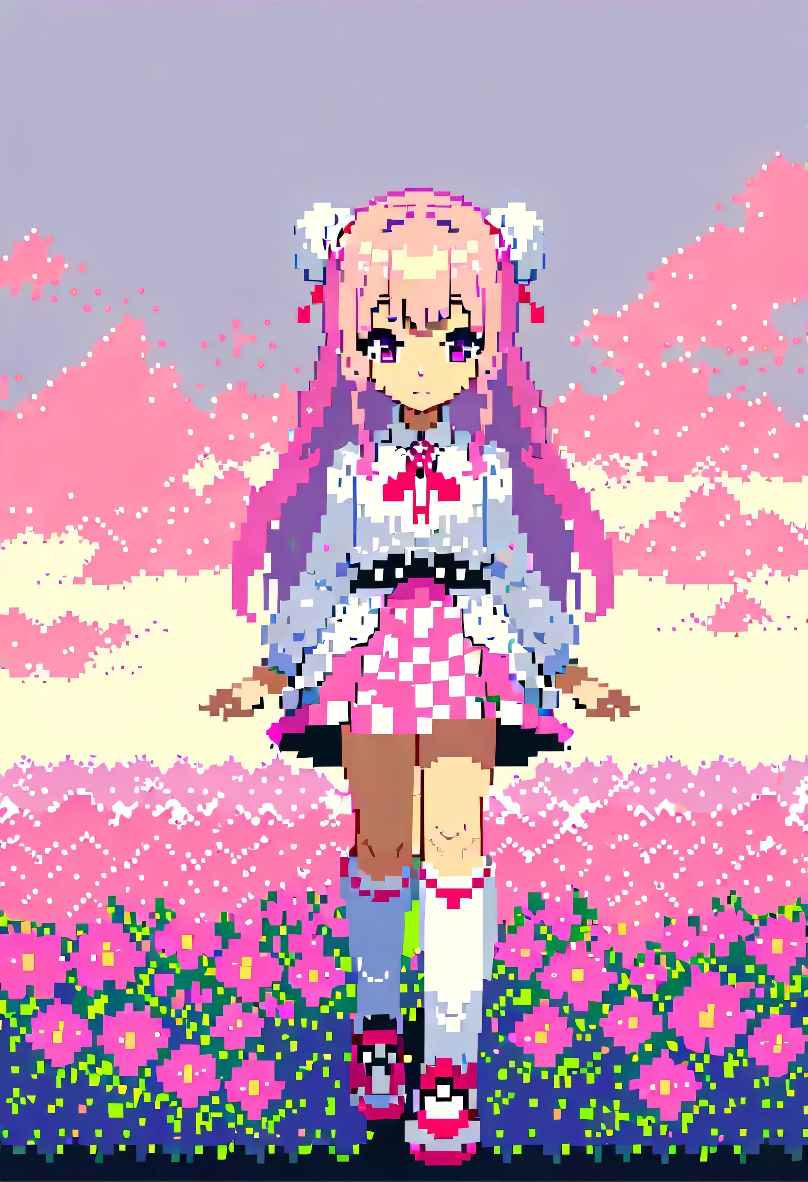 One girl, difficult, (((Pixel art))),((alone:1.5)), (Hair Ribbon:0.4), (((Pink Eyes))),(((White bun hair))),(((Long pink hair))),Long Hair、、White knee socks、Checked skirt、Indoor shoes、Flower Field、