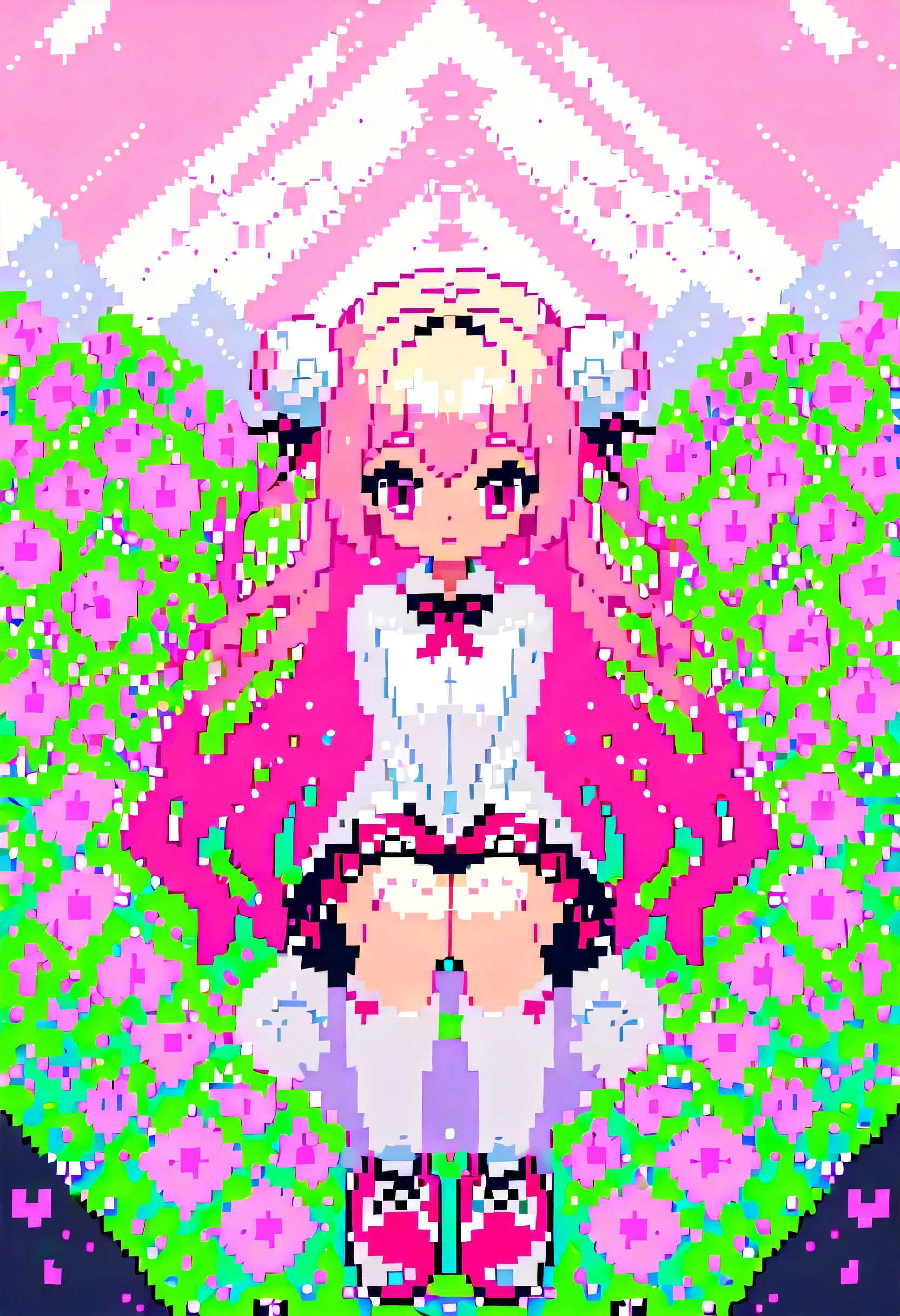 One girl, difficult, (((Pixel art))),((alone:1.5)),  (Hair Ribbon:0.4), (((Pink Eyes))),(((White bun hair))),(((Long pink hair))),Long Hair、、White knee socks、Checked skirt、Indoor shoes、Flower Field、