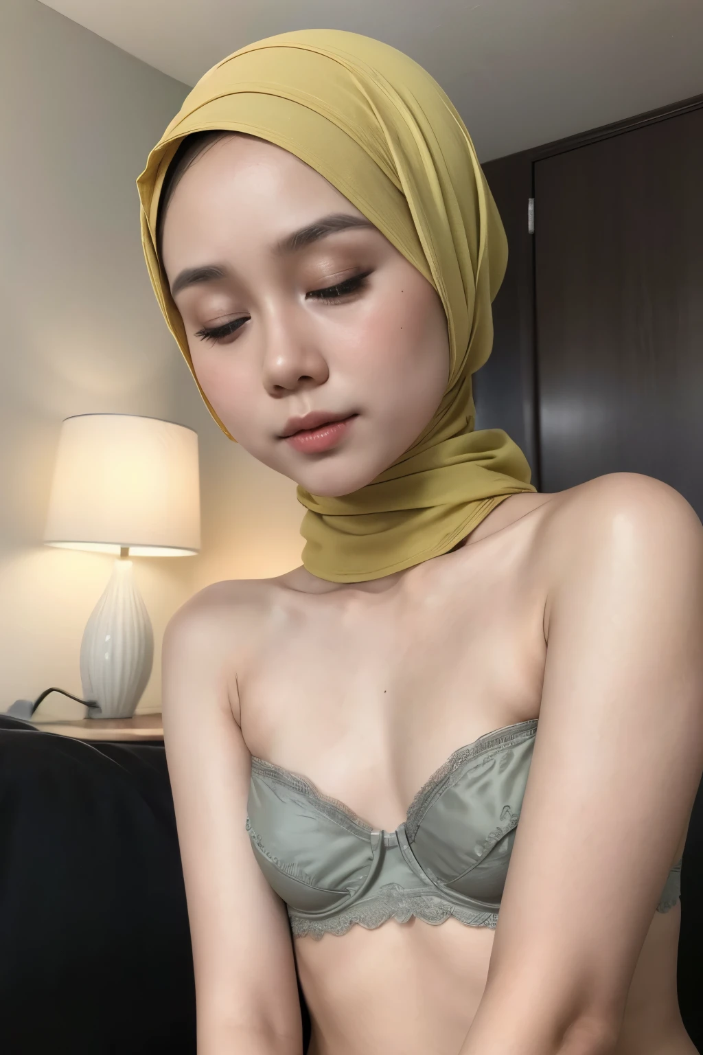 (Strapless), Behind view up seductive pose, ((Closed Eyes)), Behind, A compelling greyscale pencil drawing portraying, Tiny (Wearing Lingerie), (((HIJAB MALAY GIRL))), masutepiece, High quality, UHD 32K, Realistic face, Realistic skin feeling , A Malay Lady, 8 years old, , Very cute and baby-like face, (((FLAT CHEST))), (MATRIX WORLD), ((look In front at the camera and SADNESS)), ((())), (((CUTE GIRL))), ((Nude yellow fluorescence)), ((CHUBBY)), (undress), Lolican Tiny, Tiny. (Nude green fluorescence), straddling, twinkling star background,