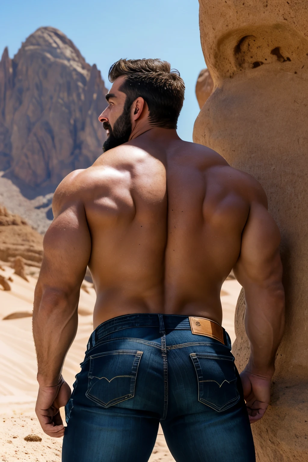 Mature man, very handsome, best quality, adventurer, black jeans, hairy chest , masterpiece, super high resolution, detailed background, reality, , single, 1 boy, muscle man, beard, desert, desert, mountain, muscle, facial hair, volumetric lighting, depth of field, wheezing, raised crotch, handsome action, big dynamics, (((big butt))) ((backside))