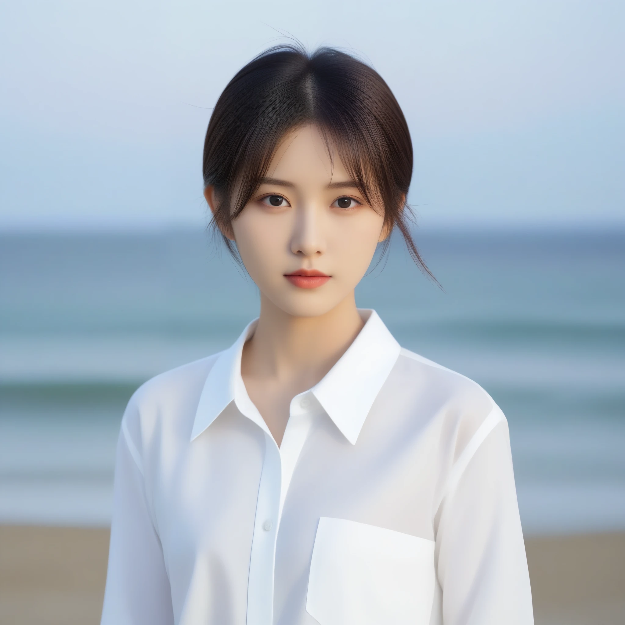 8k, Ultra-high resolution, highest quality, masterpiece, Rule of thirds photography,Surreal, photograph, 1 girl, (16 years old:1.3), pretty girl, Cute Face, Beautiful eyes in every detail, 細かくdetailedに,masterpiece,, One Girl:1.2, Japan Female Announcer,Seaside,Girl taking a walk,（((White button-up long shirt))）、フィルムポートレートphotograph、One Girl、Expose your shoulders、Bob Cut Hair,Calm、whole bodyエズビアン、(Realistic detailedd eyes、Natural skin texture、Realistic facial details),Sexy pose、See through ,Bold Pose,Looking at the audience、beauty,Long neck、Laugh a little、Please close your mouth and laugh、(((Ideal body type))),A cup small breasts :2,whole body、Perfect ???????、鮮明なdetailed、detailed、Surreal、Light and shadow,Strong light