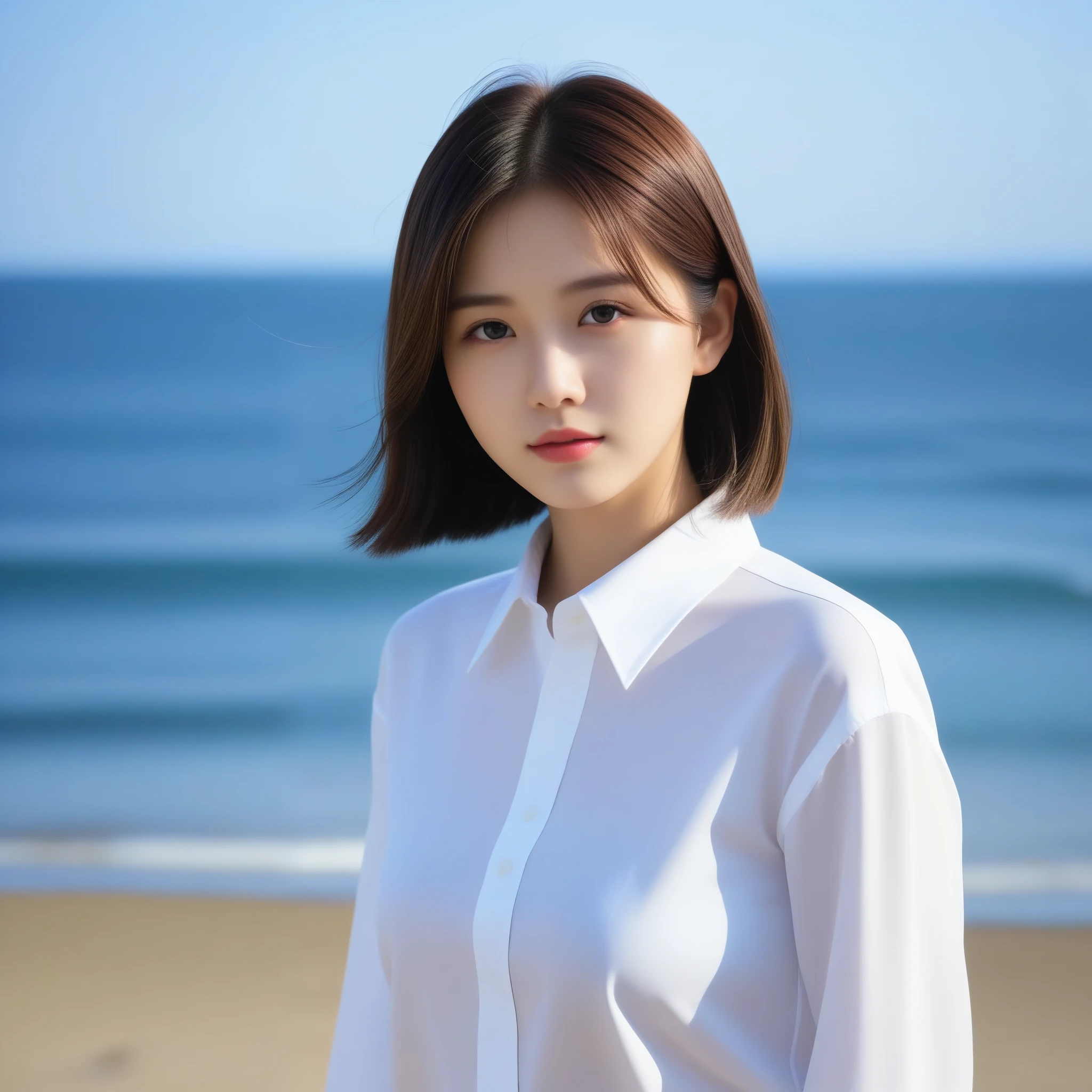 8k, Ultra-high resolution, highest quality, masterpiece, Rule of thirds photography,Surreal, photograph, 1 girl, (:1.3), pretty girl, Cute Face, Beautiful eyes in every detail, 細かくdetailedに,masterpiece,, One Girl:1.2, Japan Female Announcer,Seaside,Girl taking a walk,(((White button-up long shirt)))、フィルムポートレートphotograph、One Girl、Expose your shoulders、Bob Cut Hair,Calm、whole bodyエズビアン、(Realistic detailedd eyes、Natural skin texture、Realistic facial details),Sexy pose、See through ,Bold Pose,Looking at the audience、beauty,Long neck、Laugh a little、Please close your mouth and laugh、(((Ideal body type))),A cup small breasts :2,whole body、Perfect Anatomy、鮮明なdetailed、detailed、Surreal、Light and shadow,Strong light