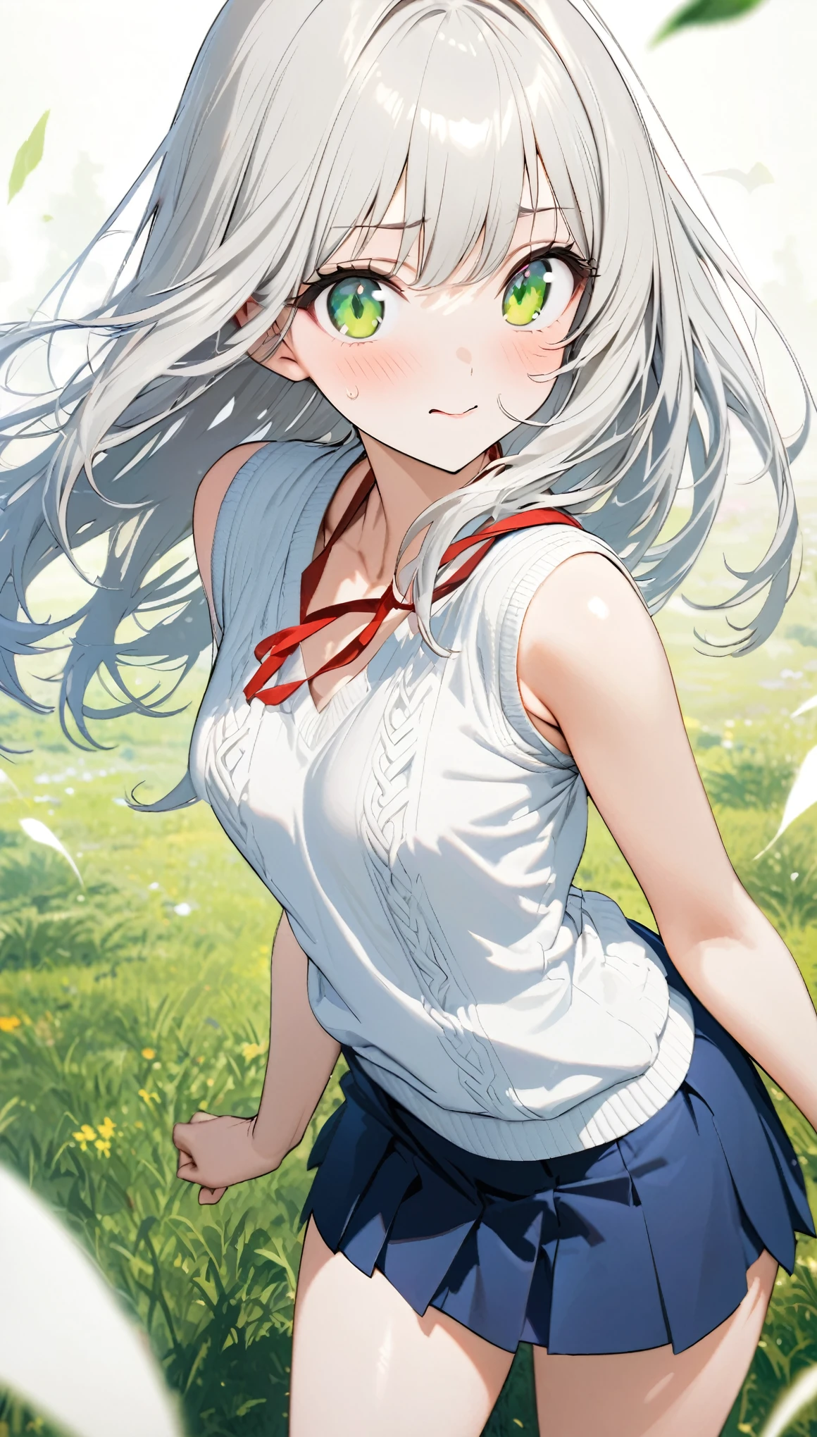 best quality, super fine, 16k, incredibly absurdres, extremely detailed, delicate and dynamic, cute 18-year-old female student, with slightly absent-minded expression, straight ivory hair, green eyes, tall and slender, wearing ivory summer knit vest, white short-sleeved shirt, navy blue uniform miniskirt, red ribbon around her neck, background park covered in grass, fresh image effects